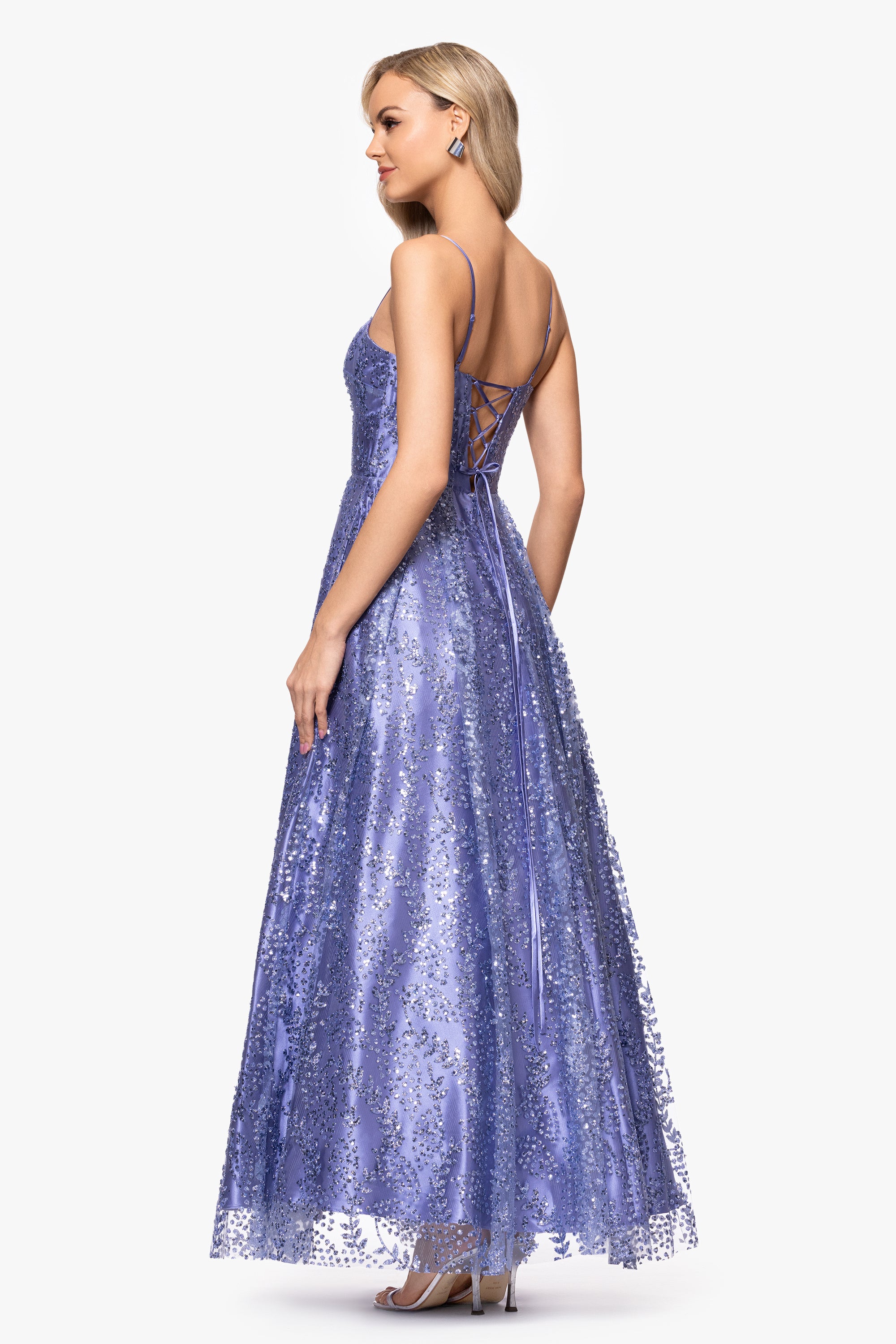 &quot;Anya&quot; Long Glitter Mesh Keyhole Cutout Ballgown