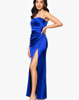 "Molly" Satin Strapless Leg Slit Floor Length Dress
