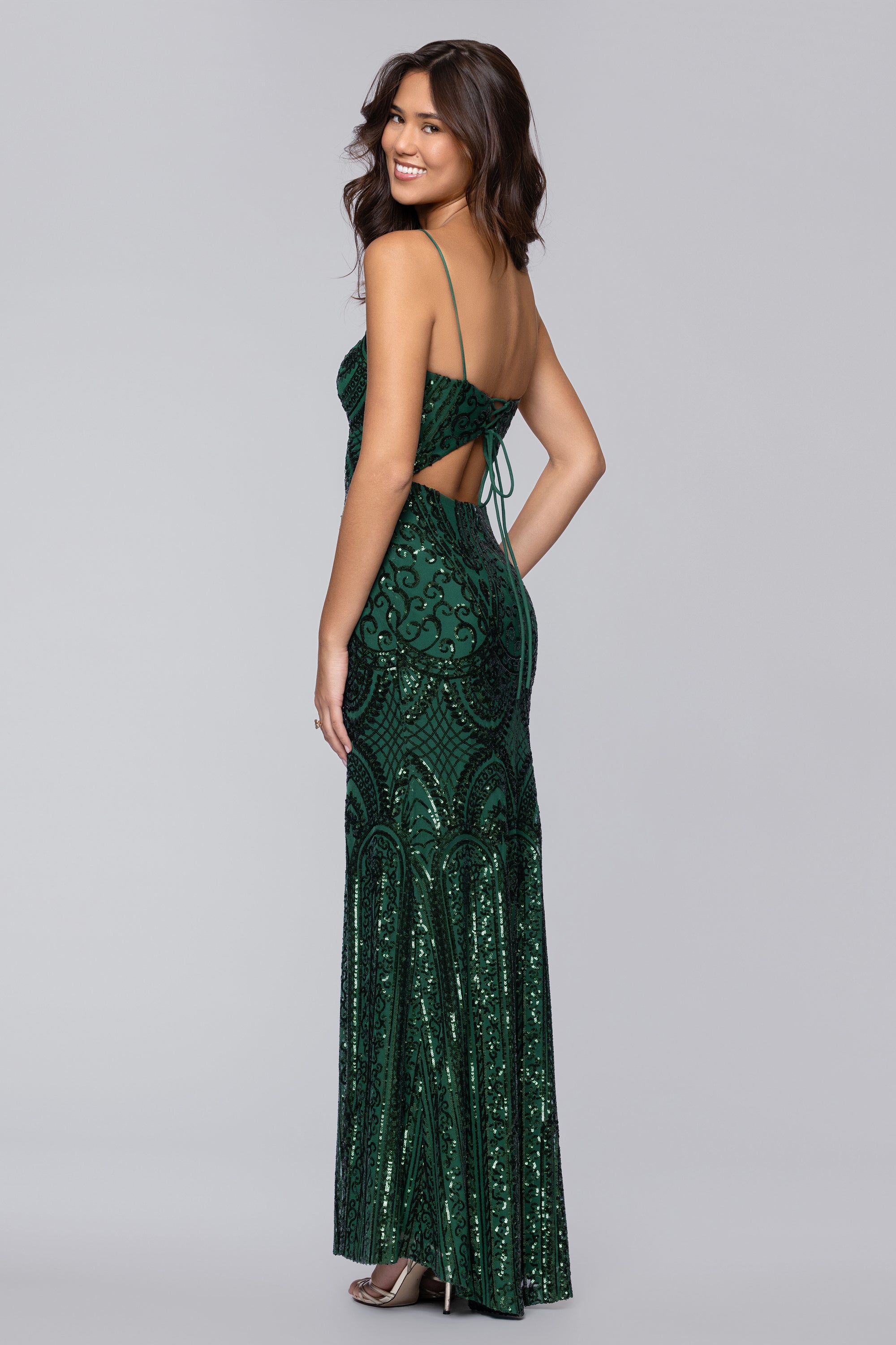 "Cleo" Long Square Neck Sequin Pattern Dress