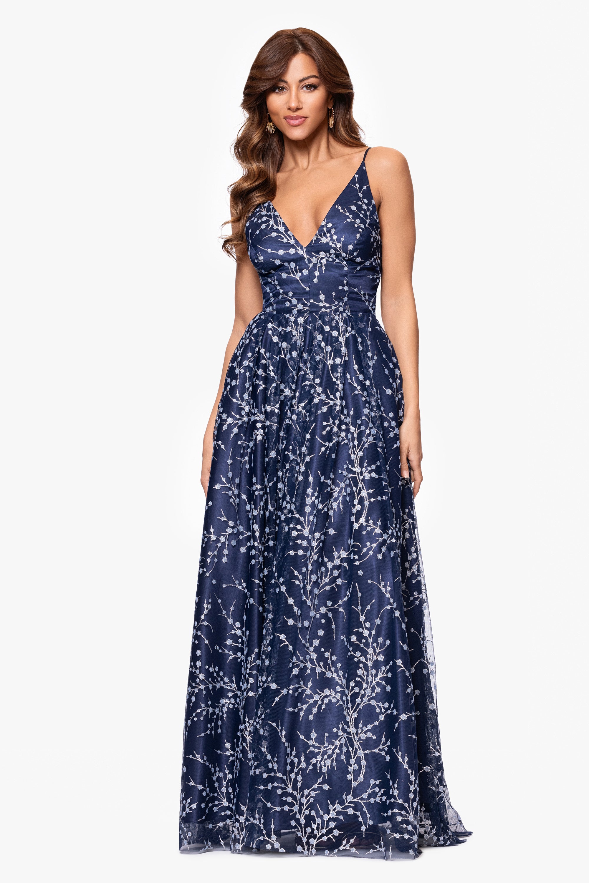 &quot;Shayla&quot; Caviar Glitter V-Neck Tieback Floor Length Dress