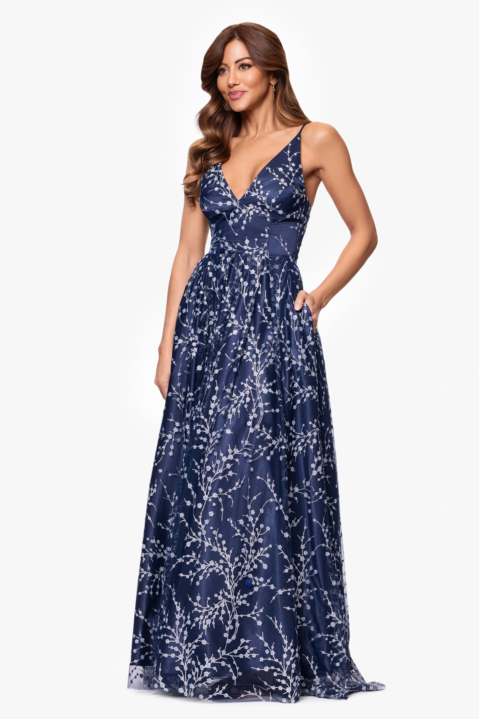 &quot;Shayla&quot; Caviar Glitter V-Neck Tieback Floor Length Dress