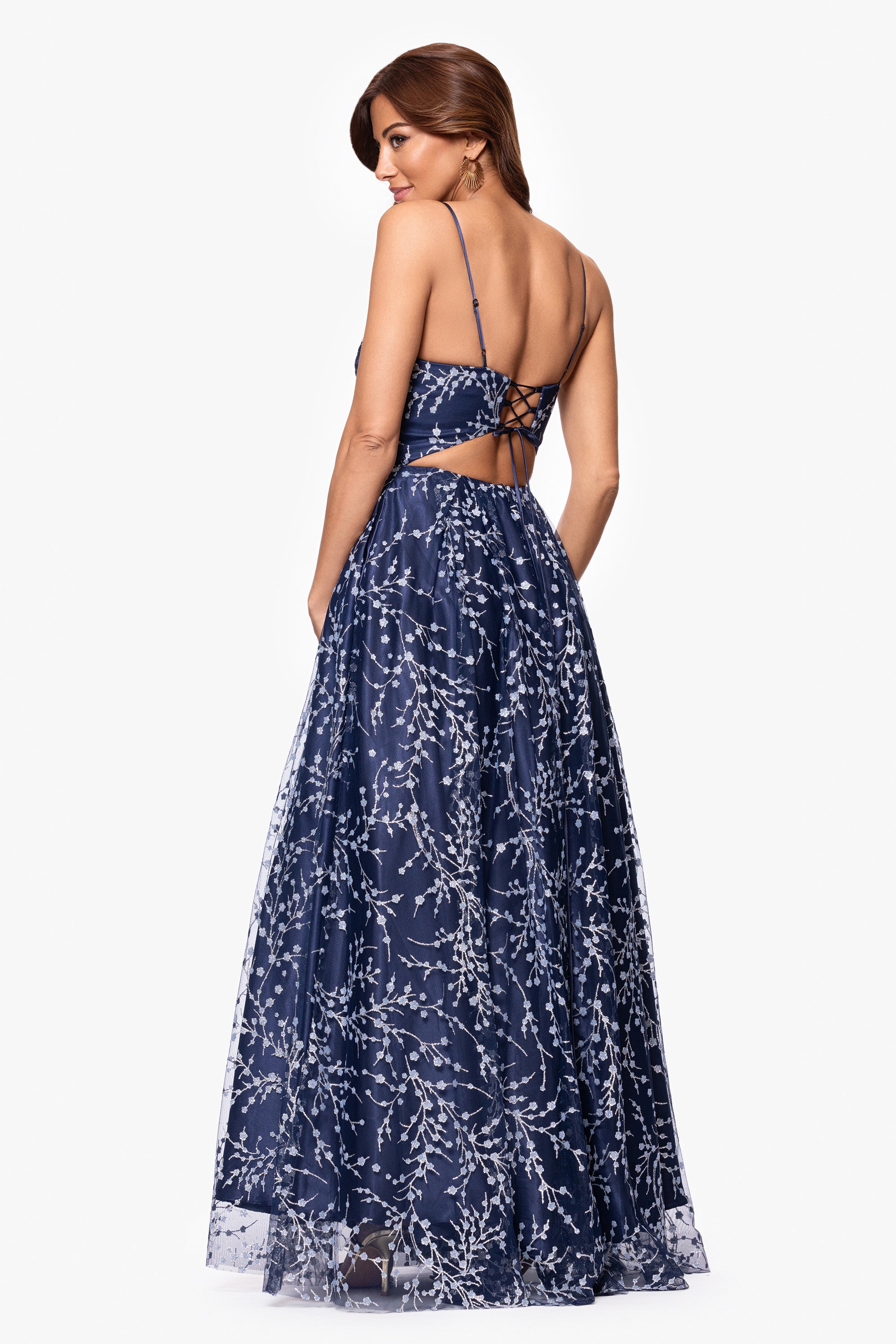 &quot;Shayla&quot; Caviar Glitter V-Neck Tieback Floor Length Dress