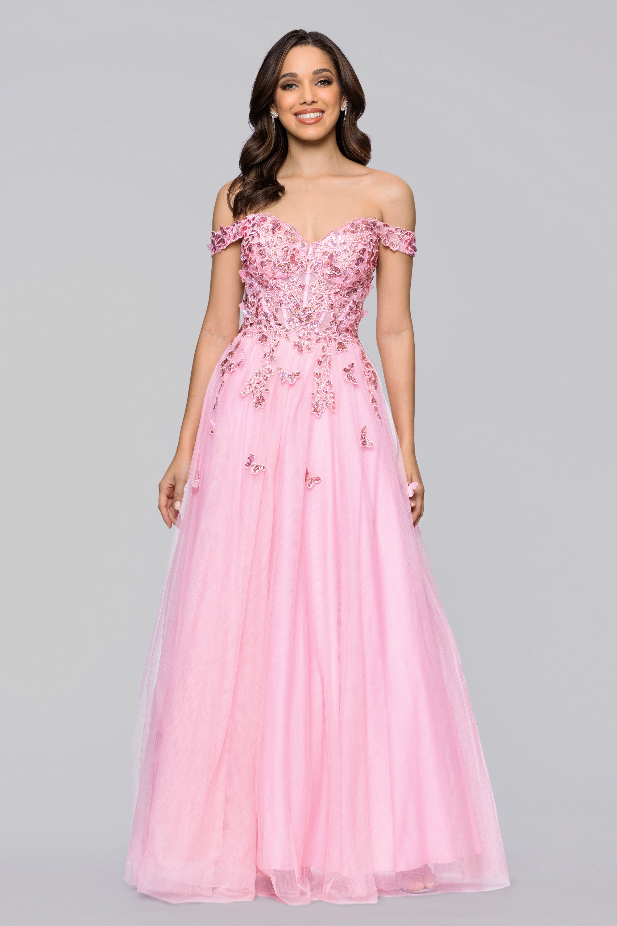 Luna Long Off the Shoulder 3D Butterfly Embellished Gown | Blondie Nites Blush / 15 Luna Long Off the Shoulder 3D Butterfly Embellished Gown | Blondie Nites Blush / 15