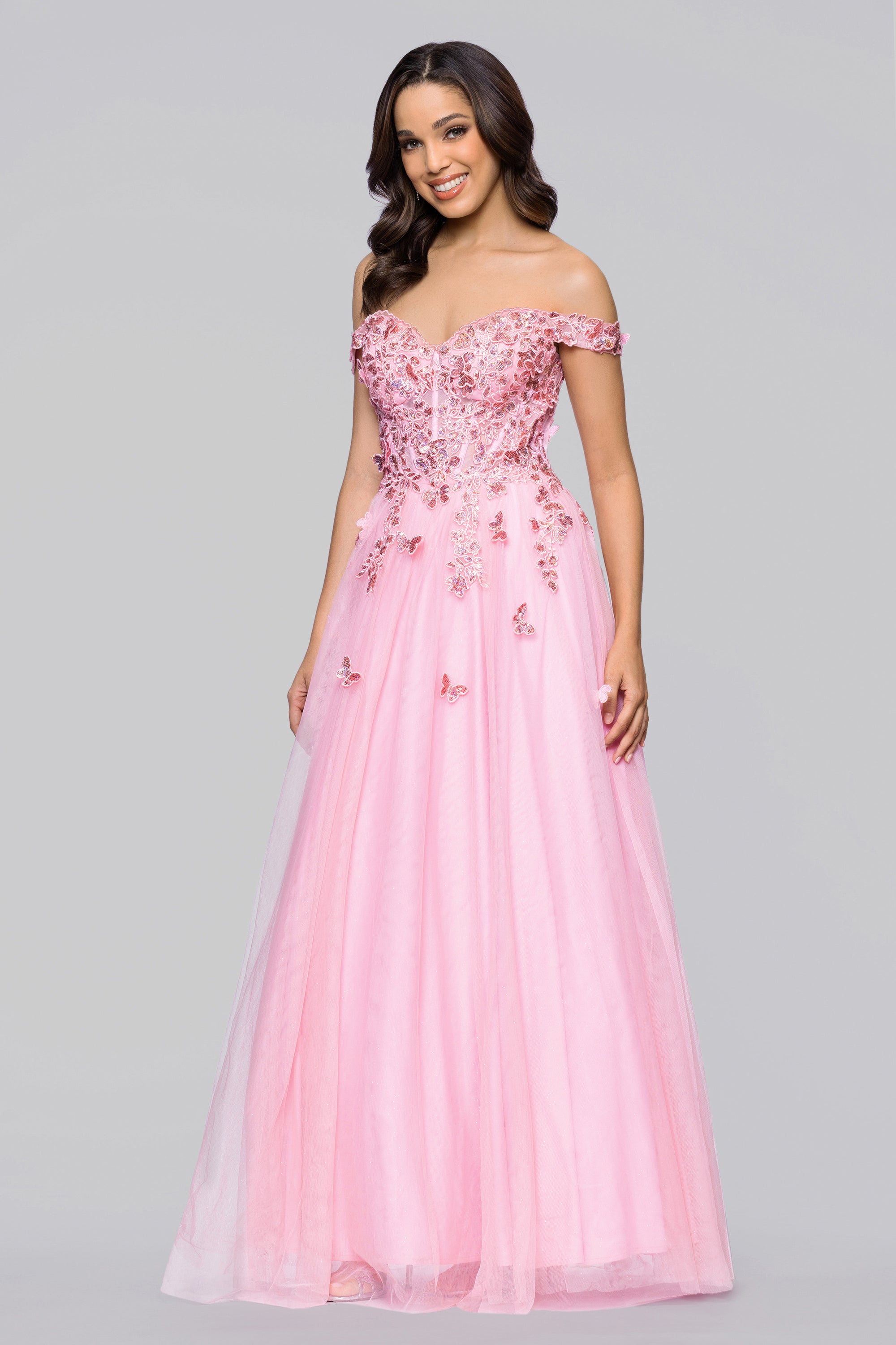 Luna Long Off the Shoulder 3D Butterfly Embellished Gown | Blondie Nites Blush / 1 Luna Long Off the Shoulder 3D Butterfly Embellished Gown | Blondie Nites Blush / 1