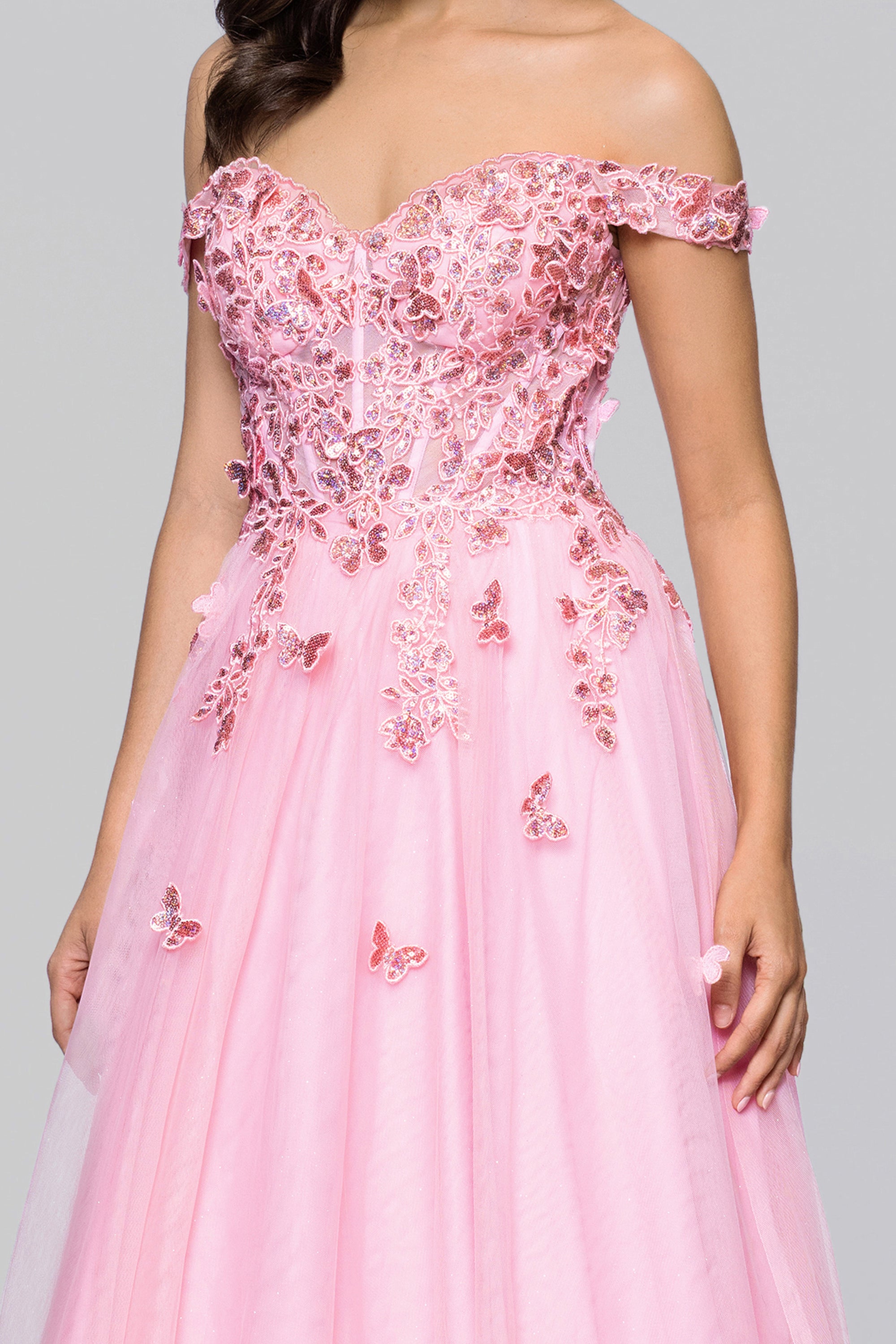 Luna Long Off the Shoulder 3D Butterfly Embellished Gown | Blondie Nites Blush / 15 Luna Long Off the Shoulder 3D Butterfly Embellished Gown | Blondie Nites Blush / 15