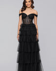 "Charlotte" Long Mesh Off the Shoulder Applique and Ruffle Skirt Dress