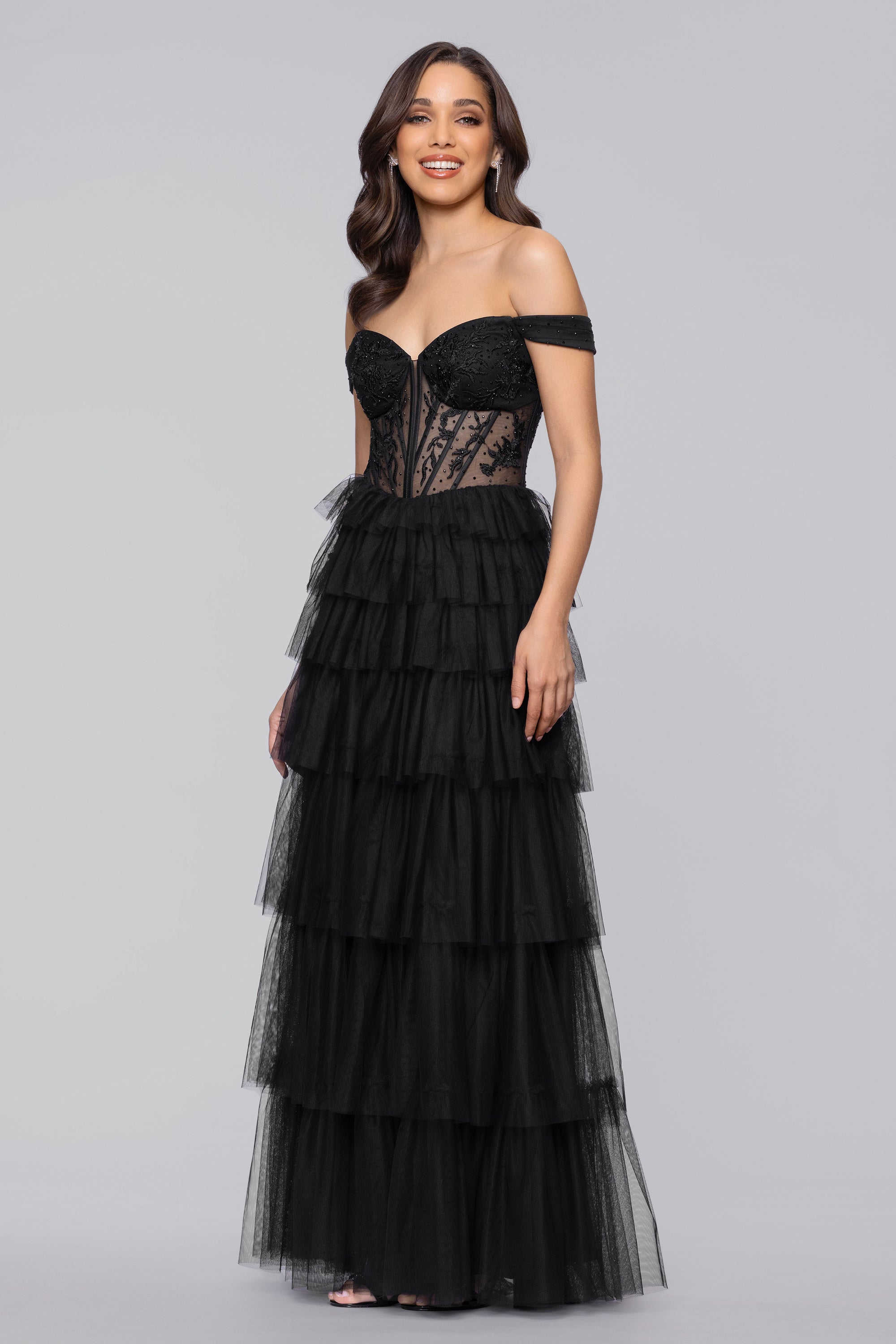Blondie Nites Women's Off Shoulder Corset Tiered Mesh Ruffle Ballgown, Black, 9 Blondie Nites Women's Off Shoulder Corset Tiered Mesh Ruffle Ballgown, Black, 9