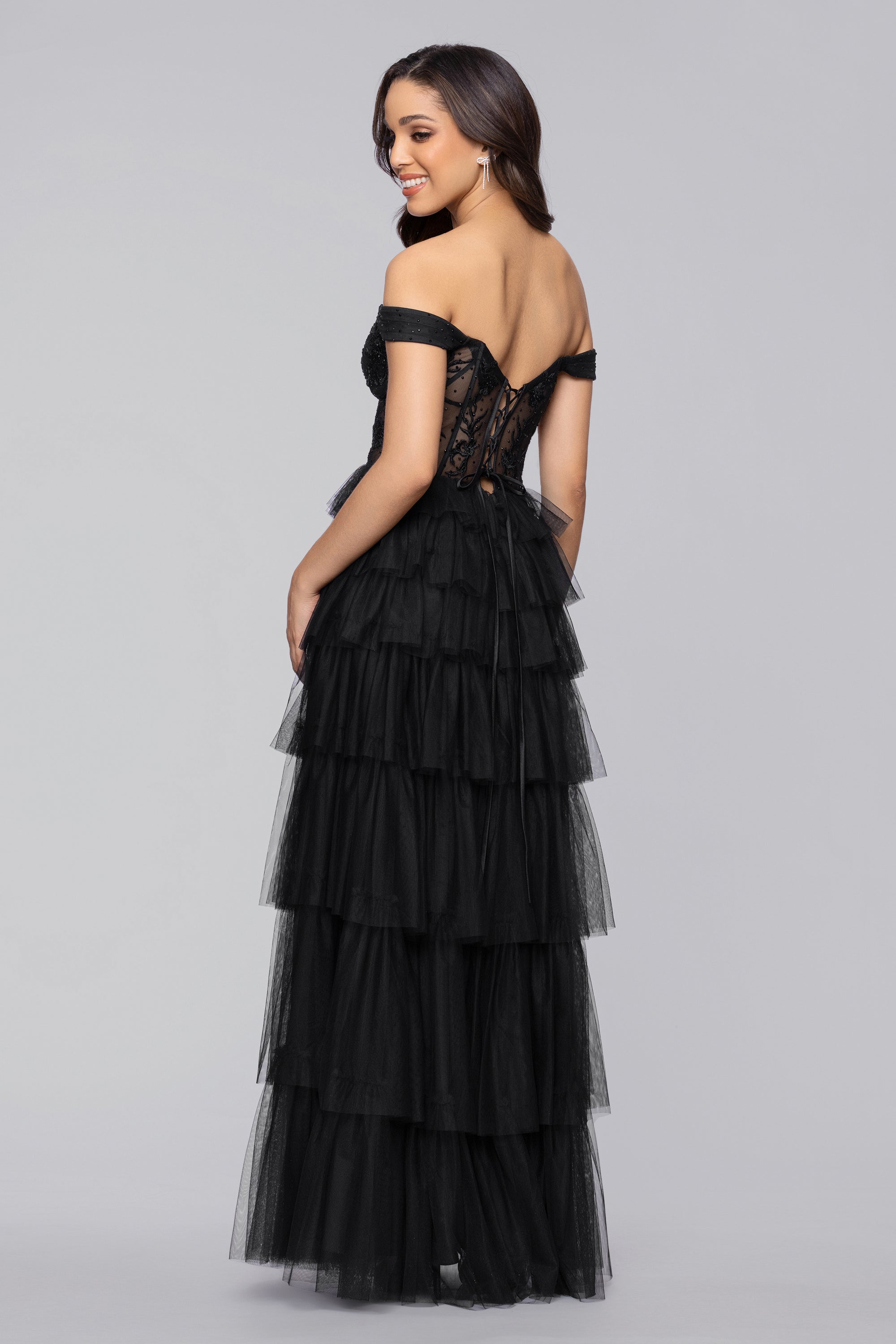 Blondie Nites Women's Off Shoulder Corset Tiered Mesh Ruffle Ballgown, Black, 9 Blondie Nites Women's Off Shoulder Corset Tiered Mesh Ruffle Ballgown, Black, 9
