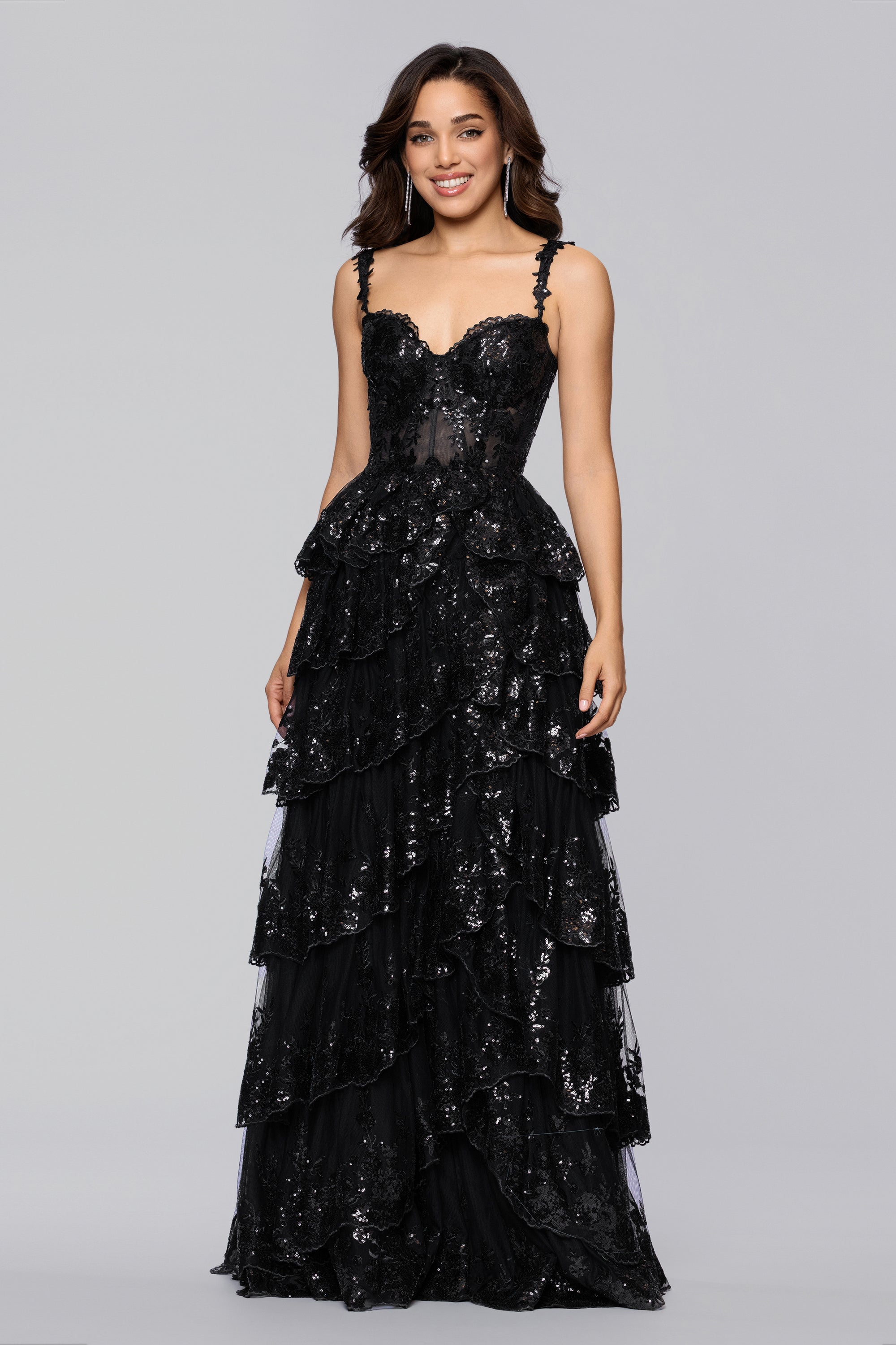 Connie" Sequin Mesh Tiered Floor Length Dress | Blondie Nites Connie" Sequin Mesh Tiered Floor Length Dress | Blondie Nites