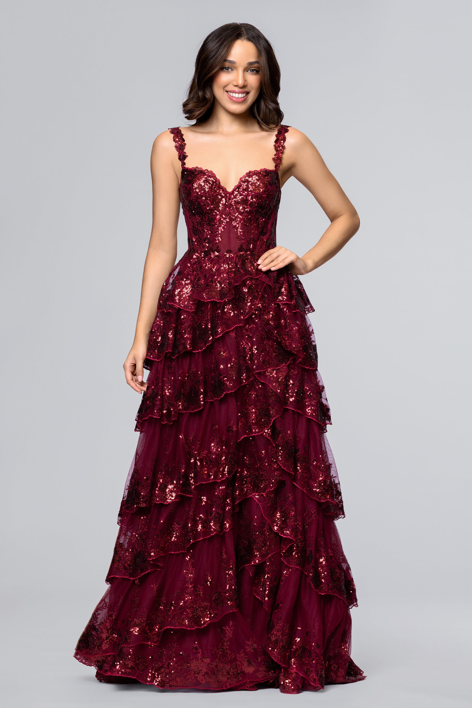Connie Sequin Mesh Tiered Floor Length Dress | Blondie Nites Periwinkle / 11 Connie Sequin Mesh Tiered Floor Length Dress | Blondie Nites Periwinkle / 11