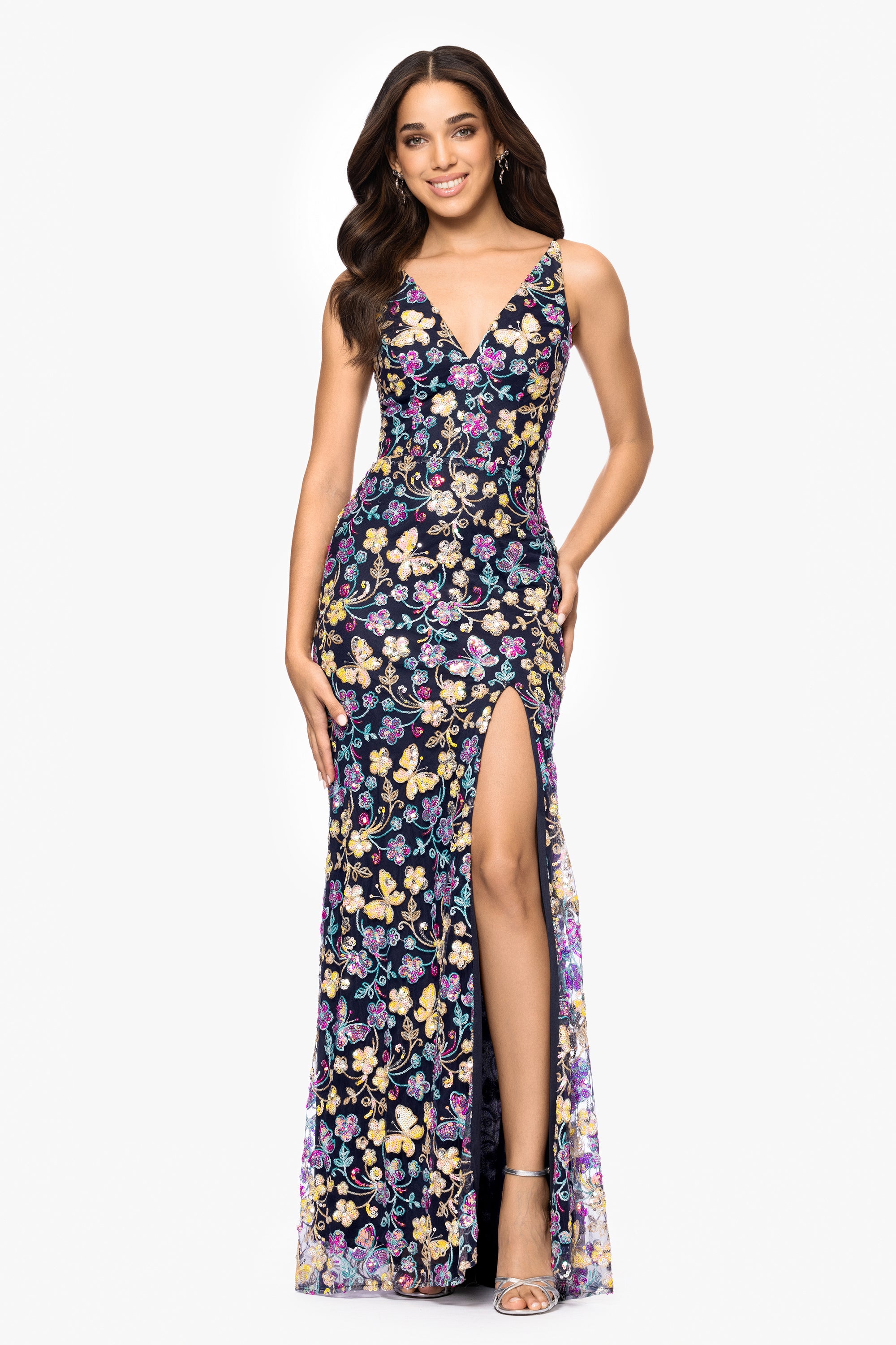 &quot;Carmen&quot; Sequin Pattern V-Neck Floor Length Dress