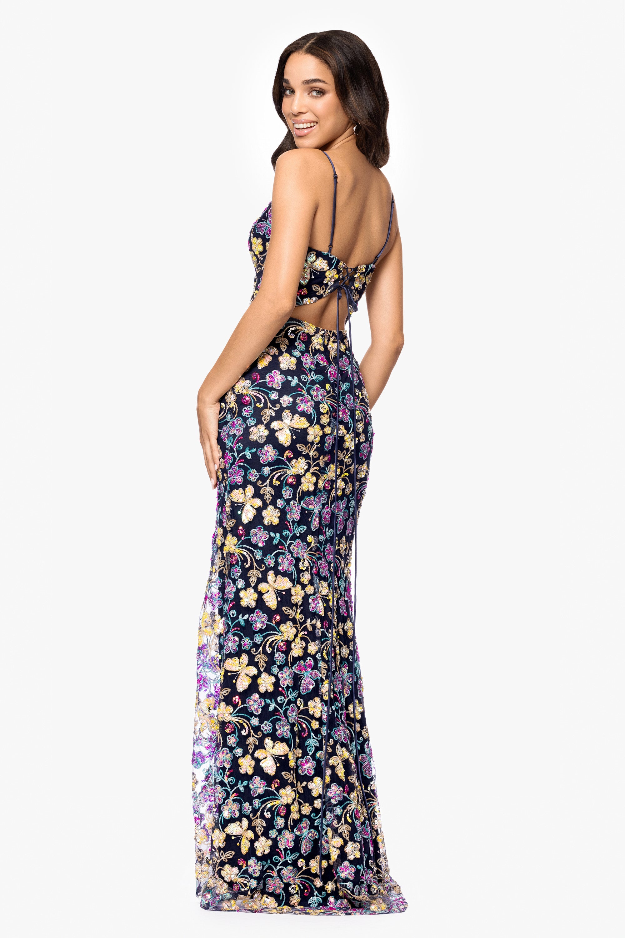 &quot;Carmen&quot; Sequin Pattern V-Neck Floor Length Dress