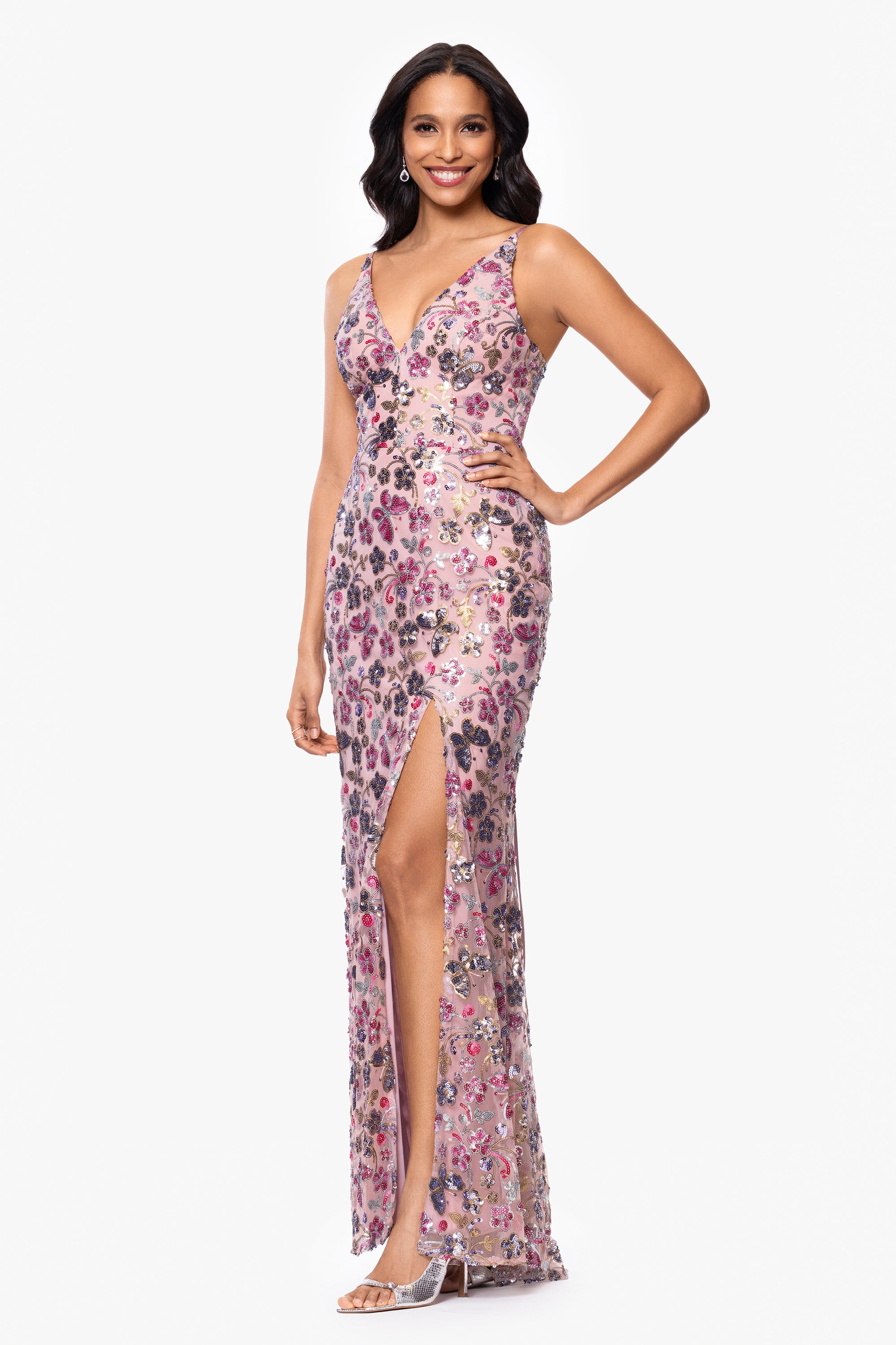 &quot;Carmen&quot; Sequin Pattern V-Neck Floor Length Dress