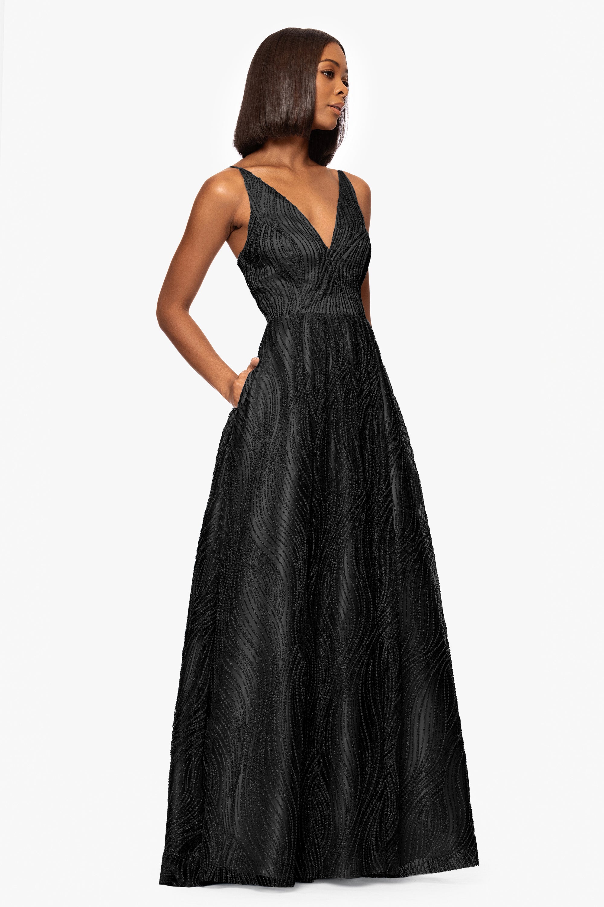 &quot;Gianna&quot; Glitter Mesh Tieback Floor Length Dress