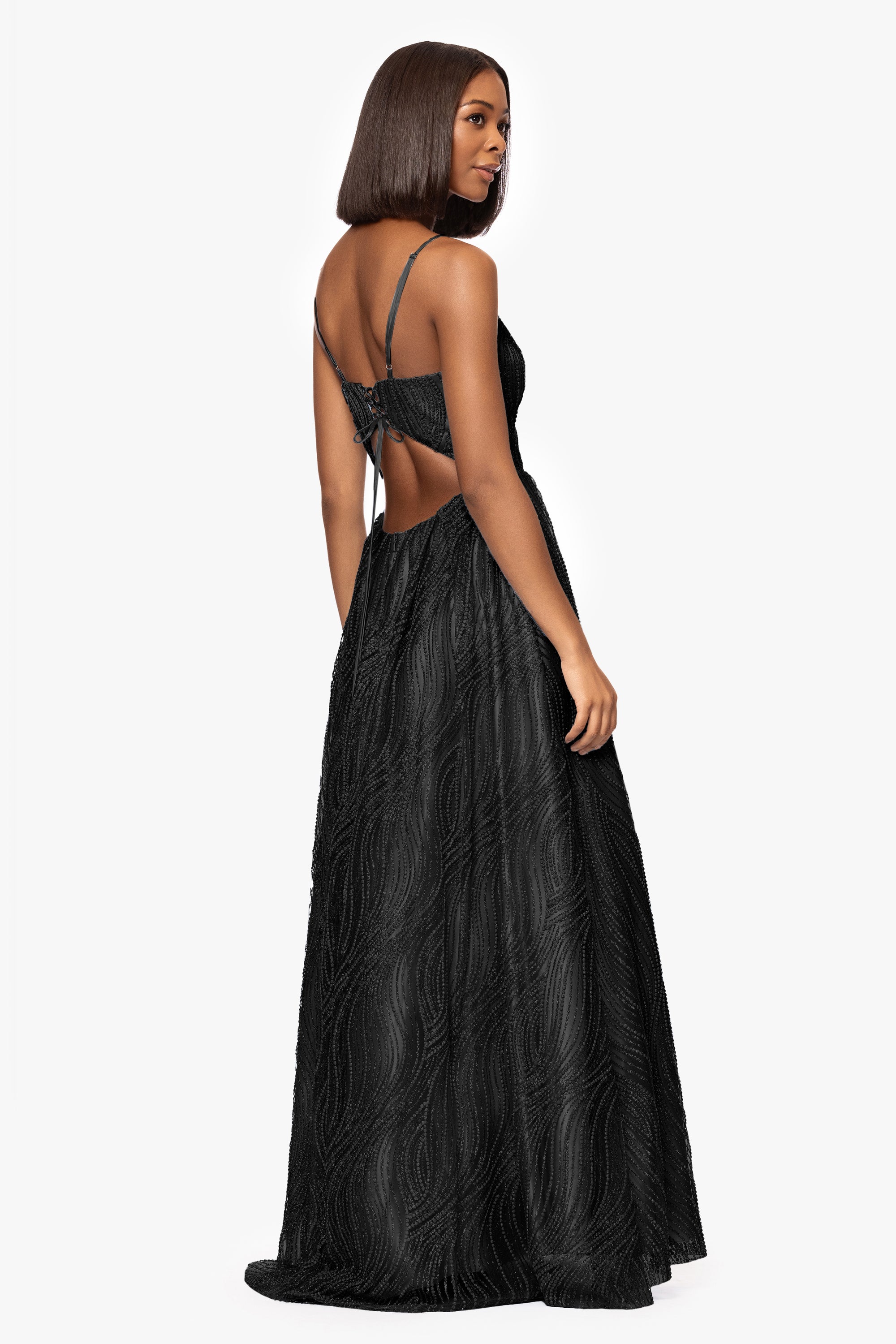 &quot;Gianna&quot; Glitter Mesh Tieback Floor Length Dress