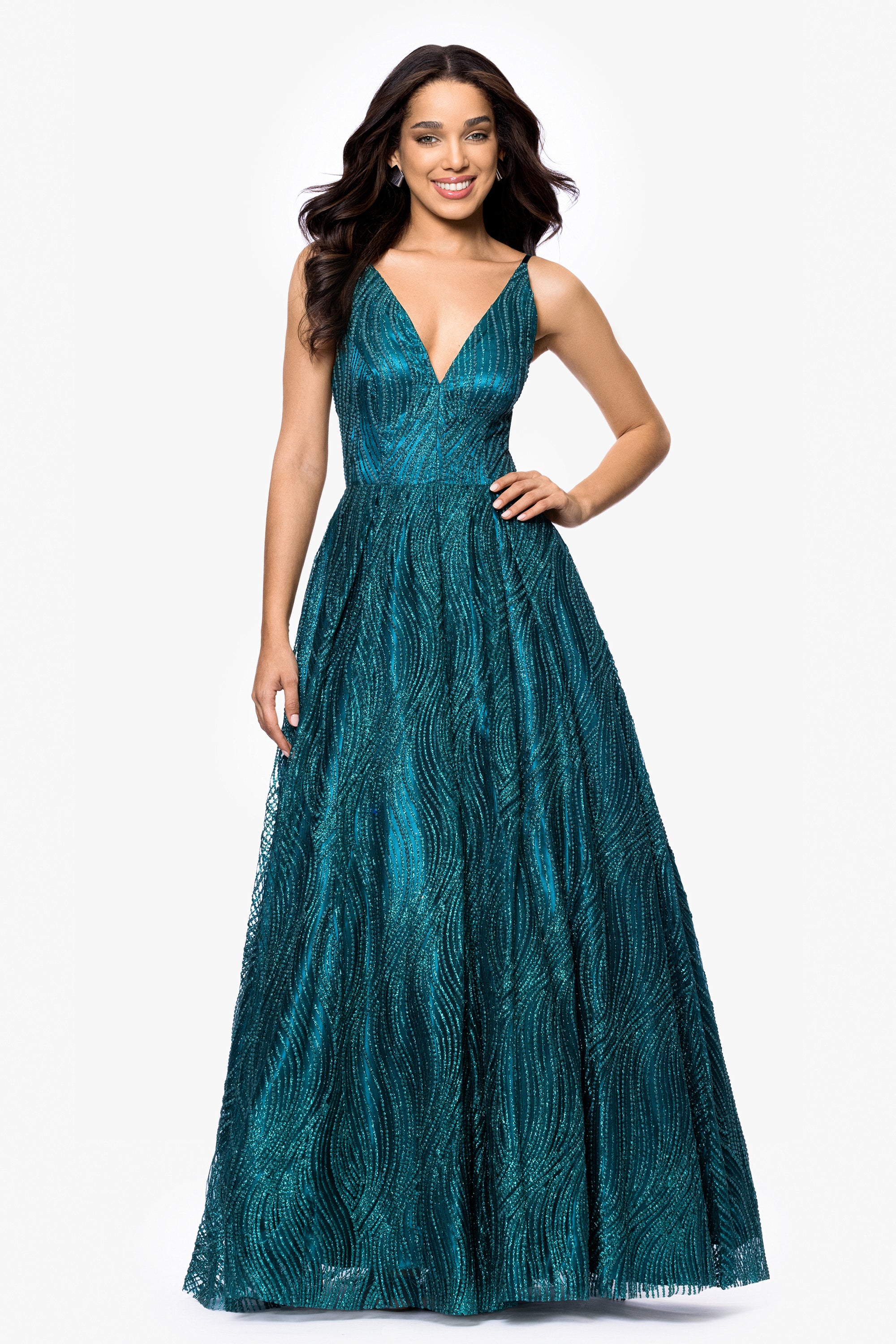 &quot;Gianna&quot; Glitter Mesh Tieback Floor Length Dress