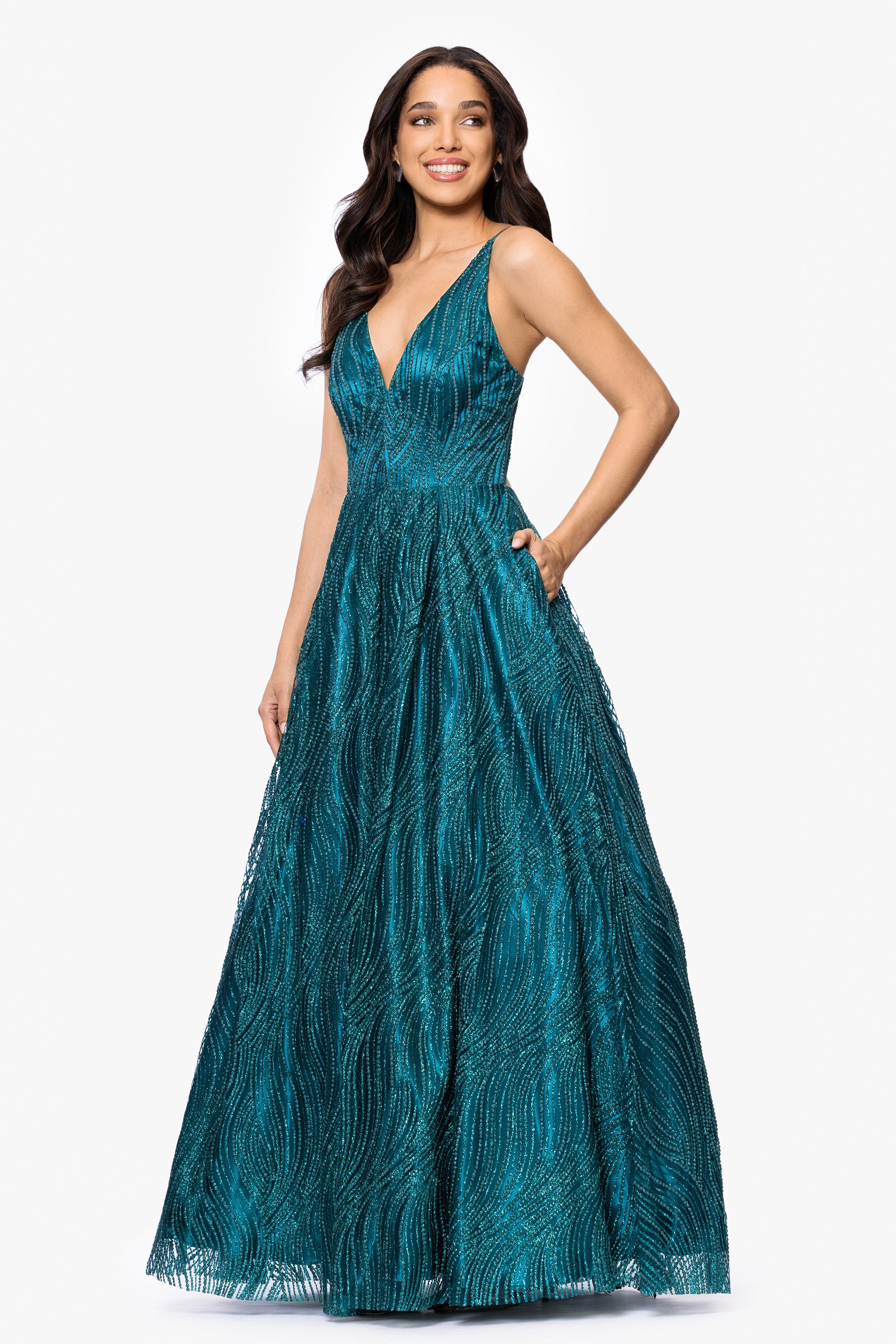 &quot;Gianna&quot; Glitter Mesh Tieback Floor Length Dress