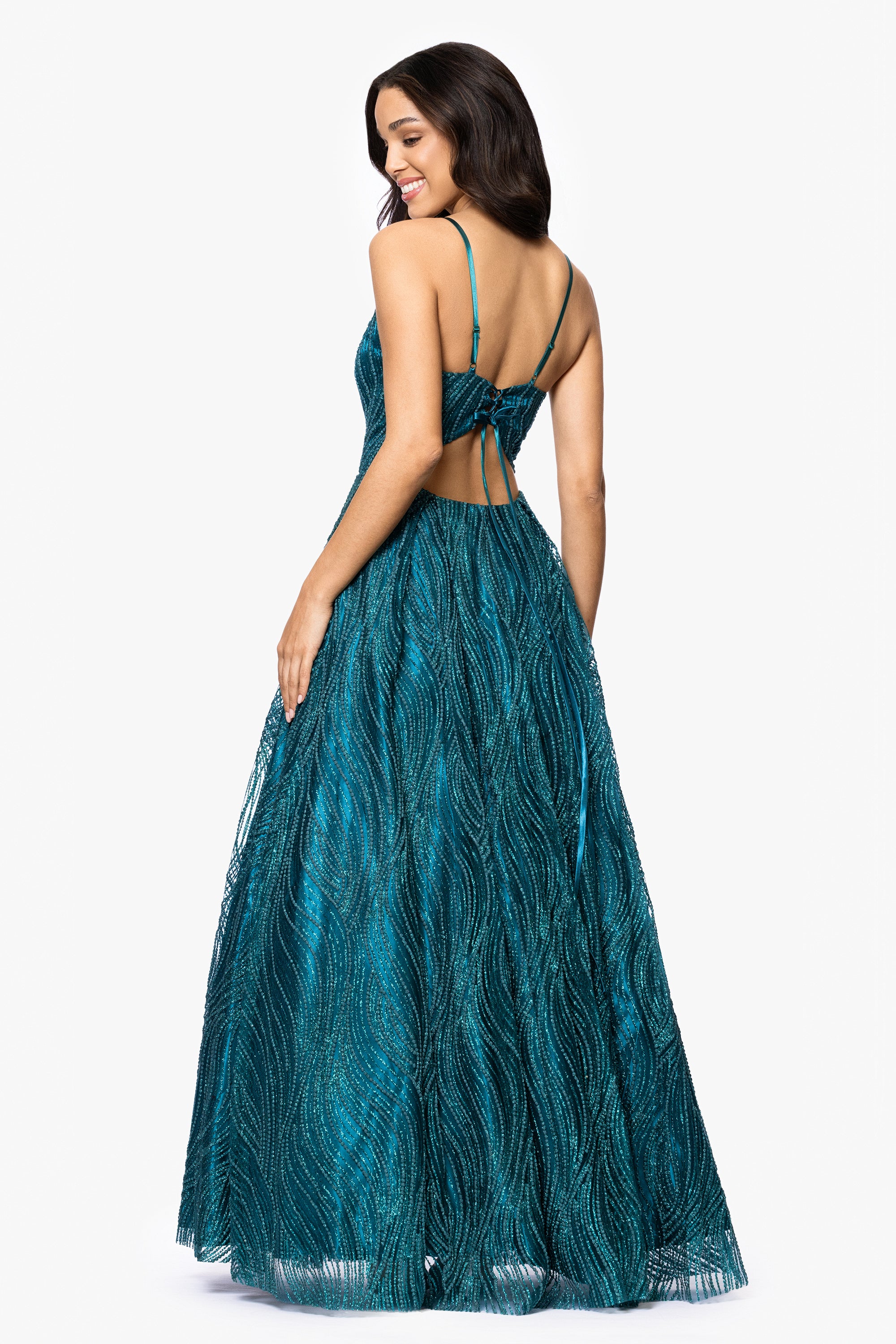 &quot;Gianna&quot; Glitter Mesh Tieback Floor Length Dress