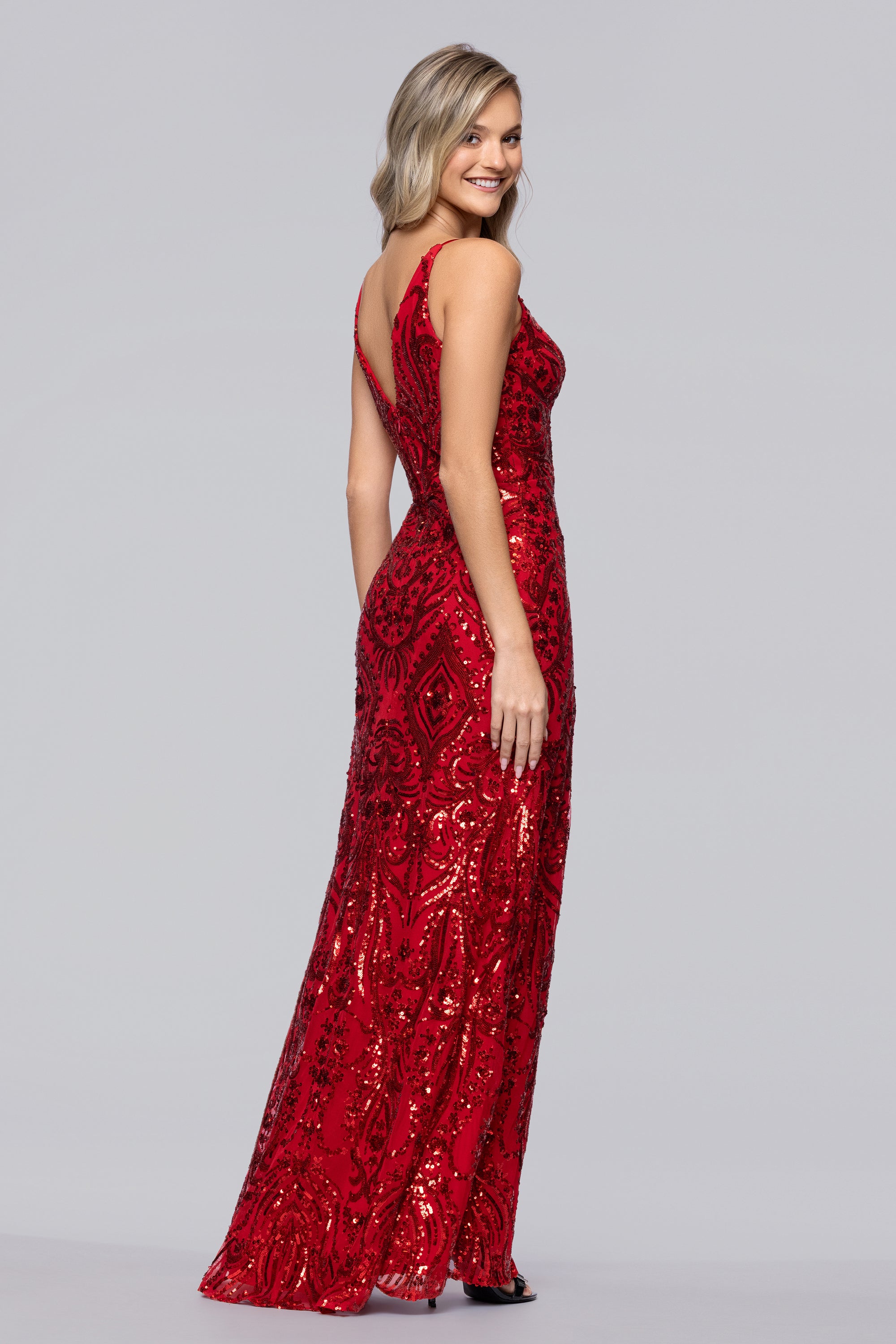 Lulu V-Neck Sequin Pattern Floor Length Dress | Blondie Nites Red / 11 Lulu V-Neck Sequin Pattern Floor Length Dress | Blondie Nites Red / 11