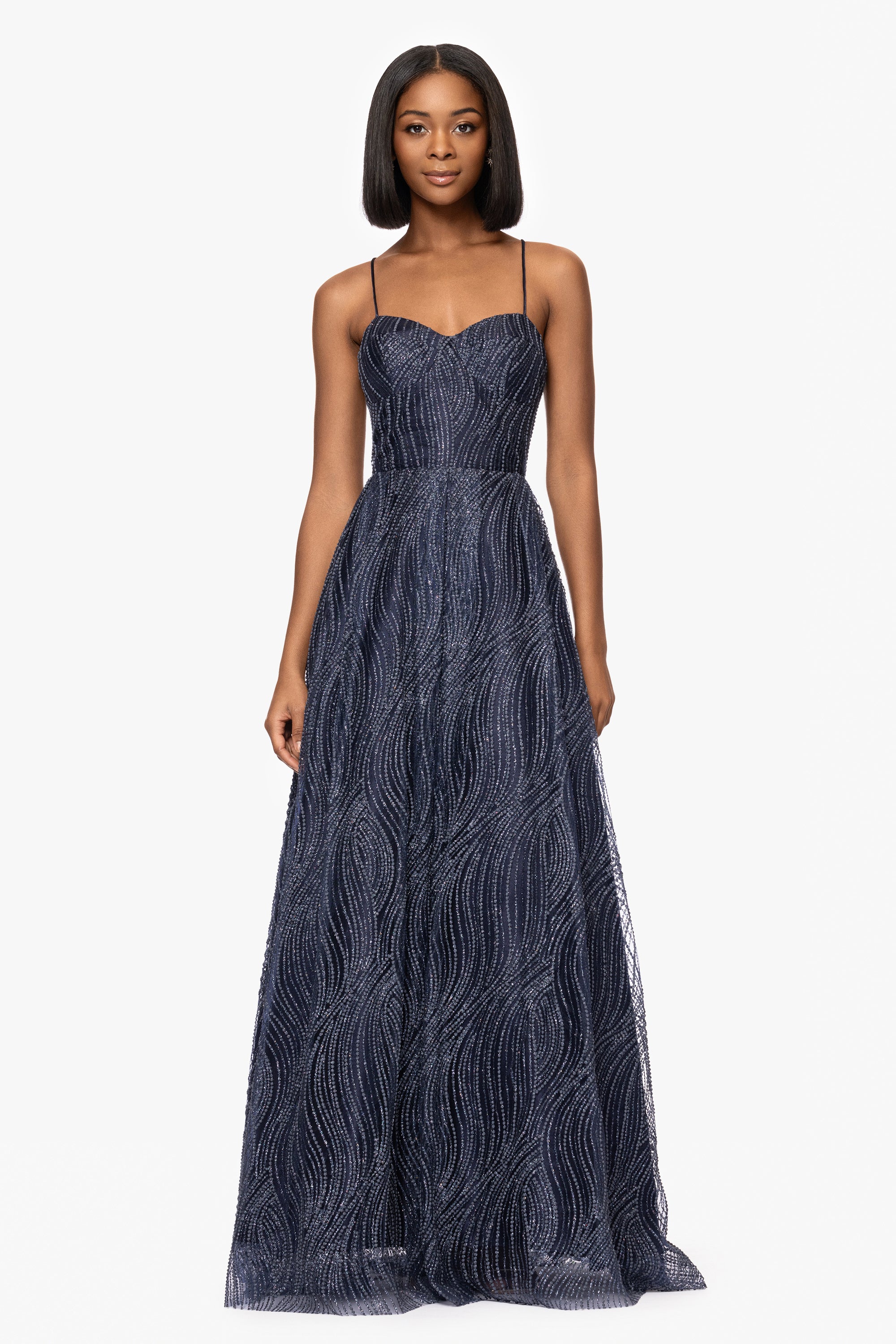 &quot;Samantha&quot; Puff Glitter Spaghetti Strap Floor Length Dress