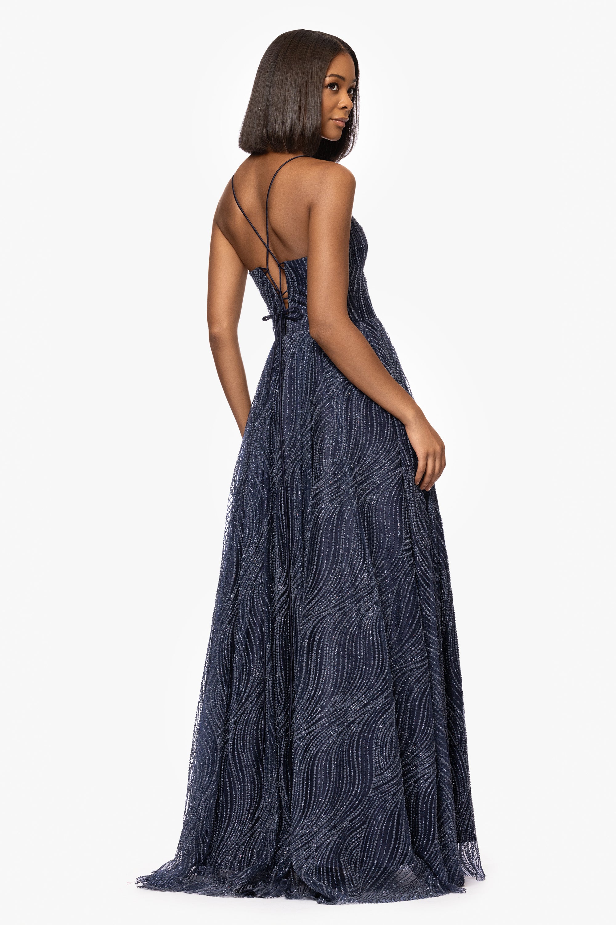 &quot;Samantha&quot; Puff Glitter Spaghetti Strap Floor Length Dress