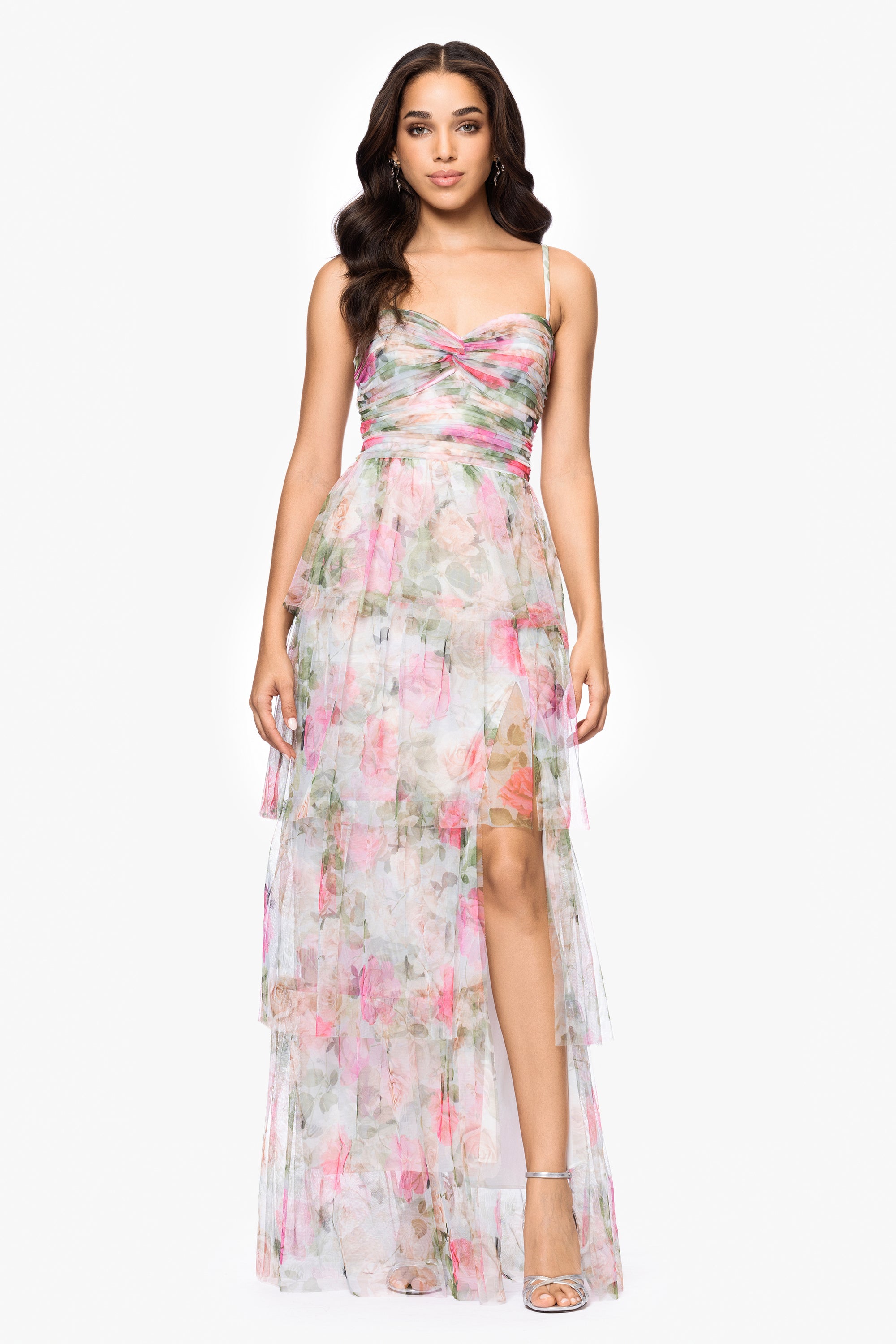 &quot;Millie&quot; Print Mesh Tiered Ruffle Floor Length Dress