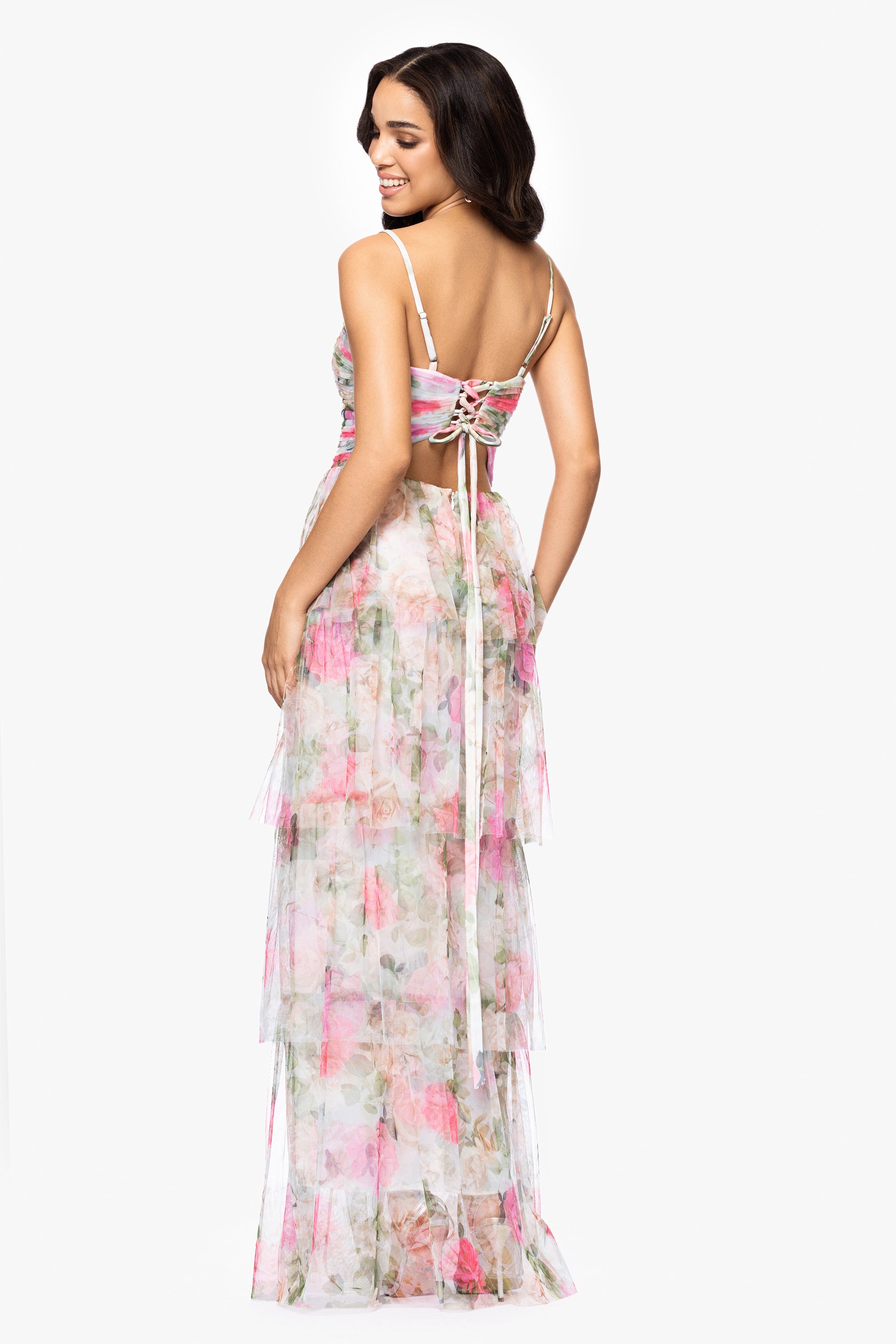 &quot;Millie&quot; Print Mesh Tiered Ruffle Floor Length Dress