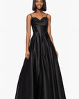 "Felicity" Satin Drape Neck Applique Floor Length Dress