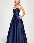 "Felicity" Satin Drape Neck Applique Floor Length Dress