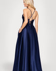 "Felicity" Satin Drape Neck Applique Floor Length Dress