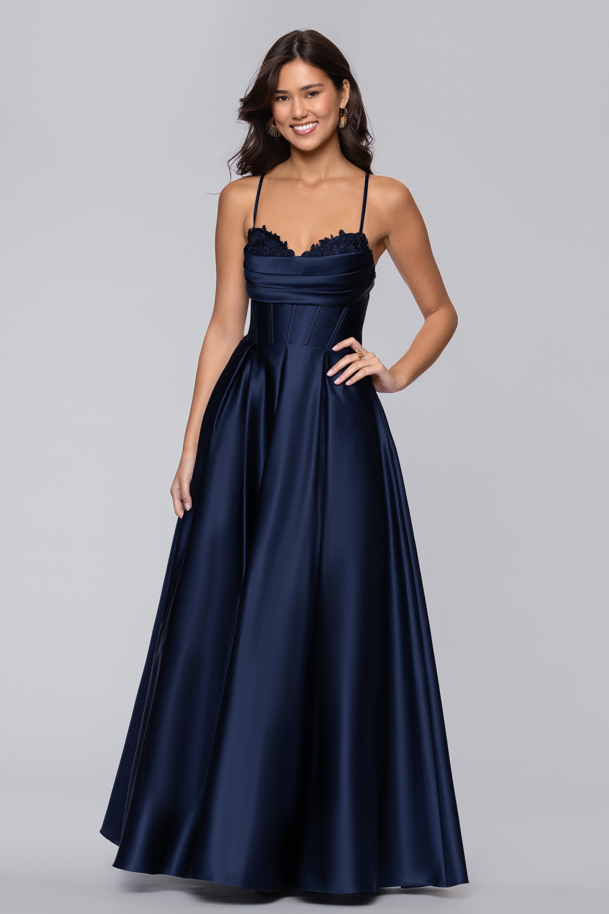 Felicity" Satin Drape Neck Applique Floor Length Dress Blondie Nites Felicity" Satin Drape Neck Applique Floor Length Dress Blondie Nites