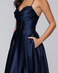 "Felicity" Satin Drape Neck Applique Floor Length Dress