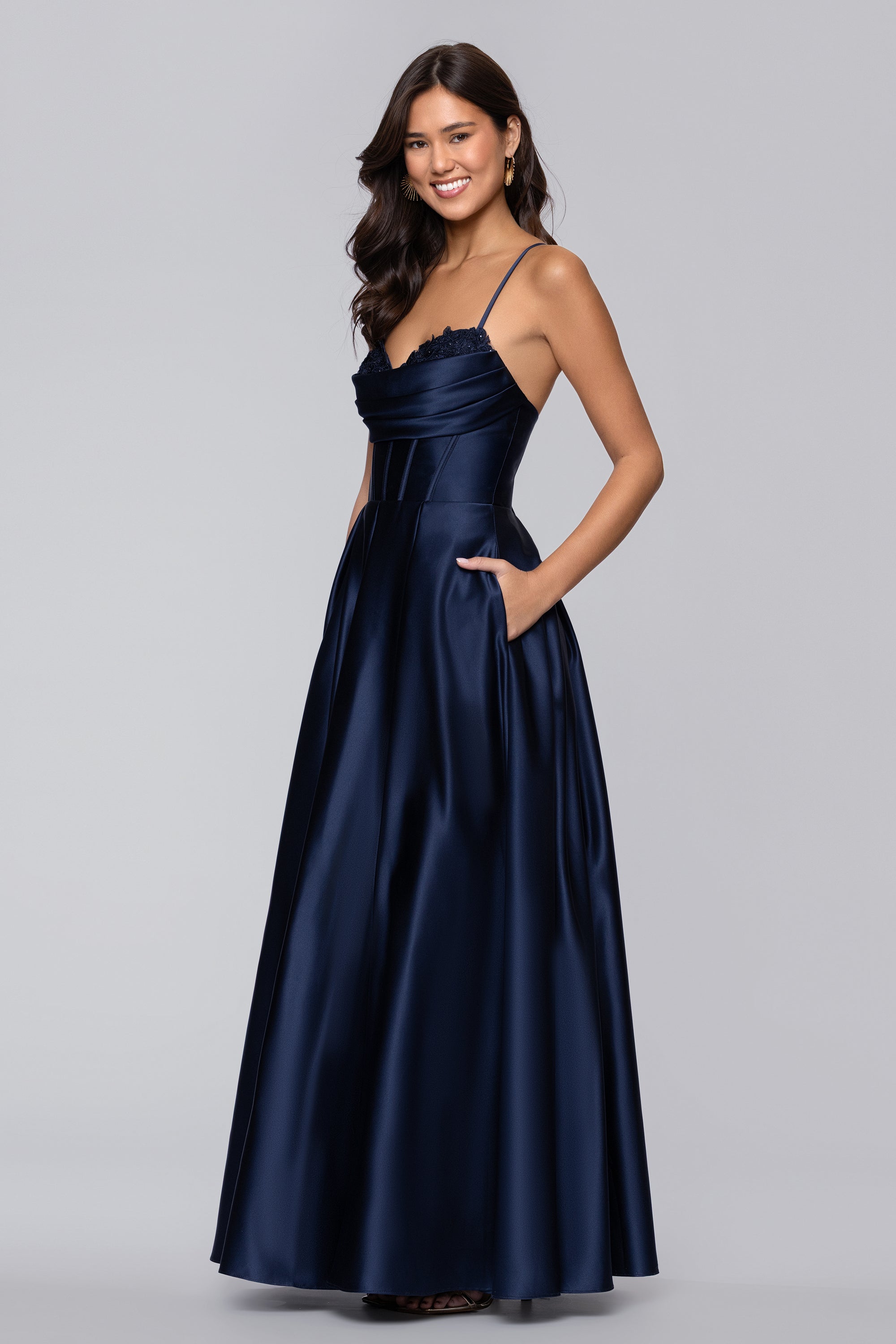 "Felicity" Satin Drape Neck Applique Floor Length Dress