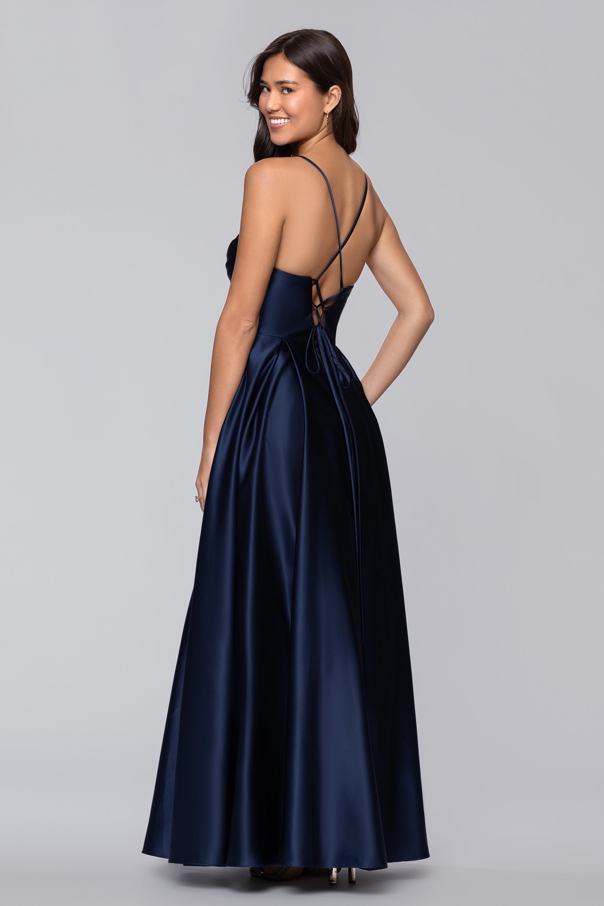 "Felicity" Satin Drape Neck Applique Floor Length Dress