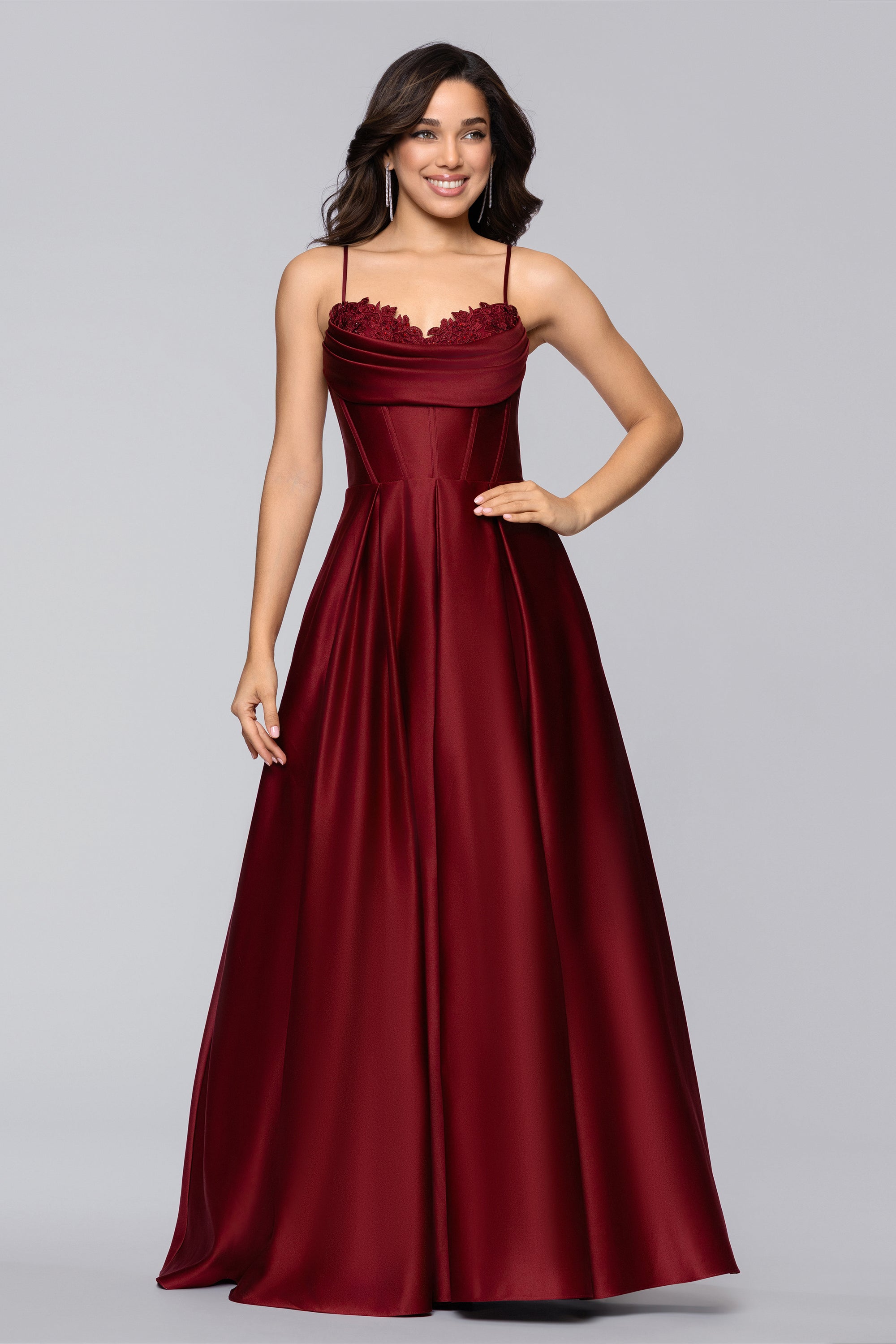 Felicity" Satin Drape Neck Applique Floor Length Dress Blondie Nites Felicity" Satin Drape Neck Applique Floor Length Dress Blondie Nites