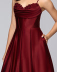 "Felicity" Satin Drape Neck Applique Floor Length Dress