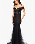 "Miranda" Mesh Off the Shoulder Applique Floor Length Dress