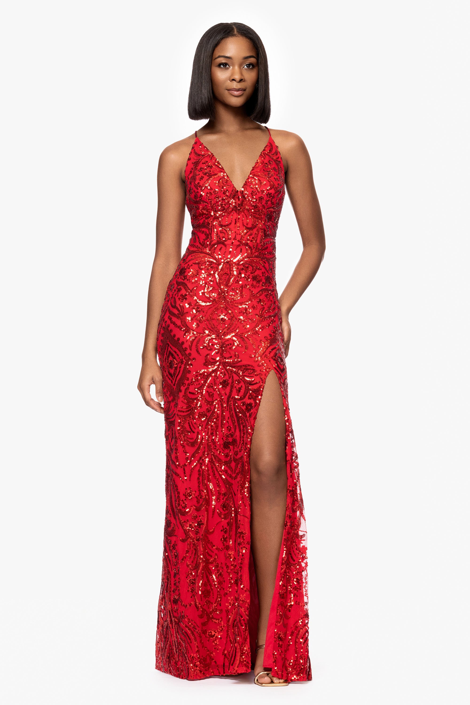 &quot;Jessa&quot; V-Neck Sequin Patter Floor Length Dress