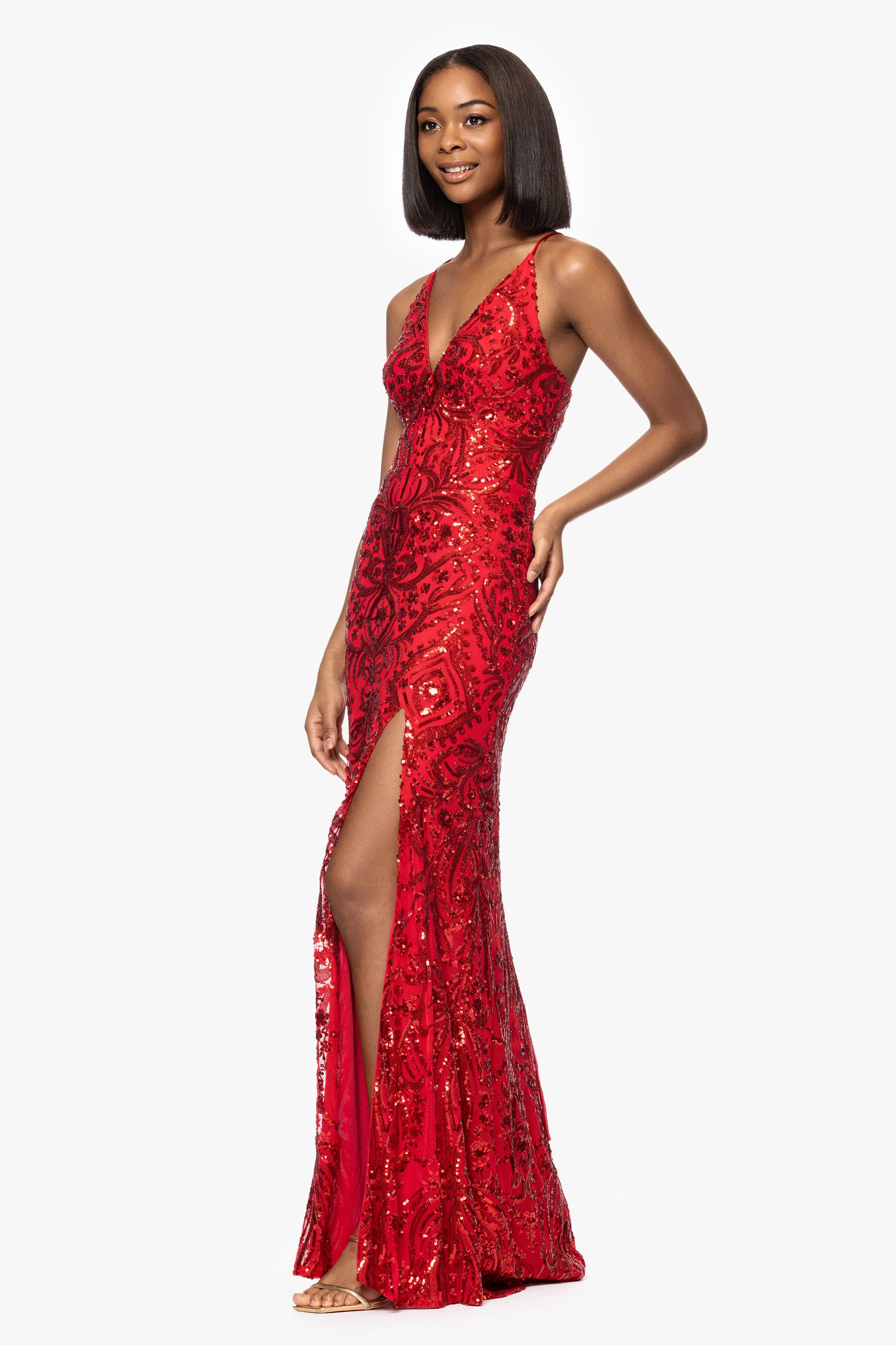 &quot;Jessa&quot; V-Neck Sequin Patter Floor Length Dress