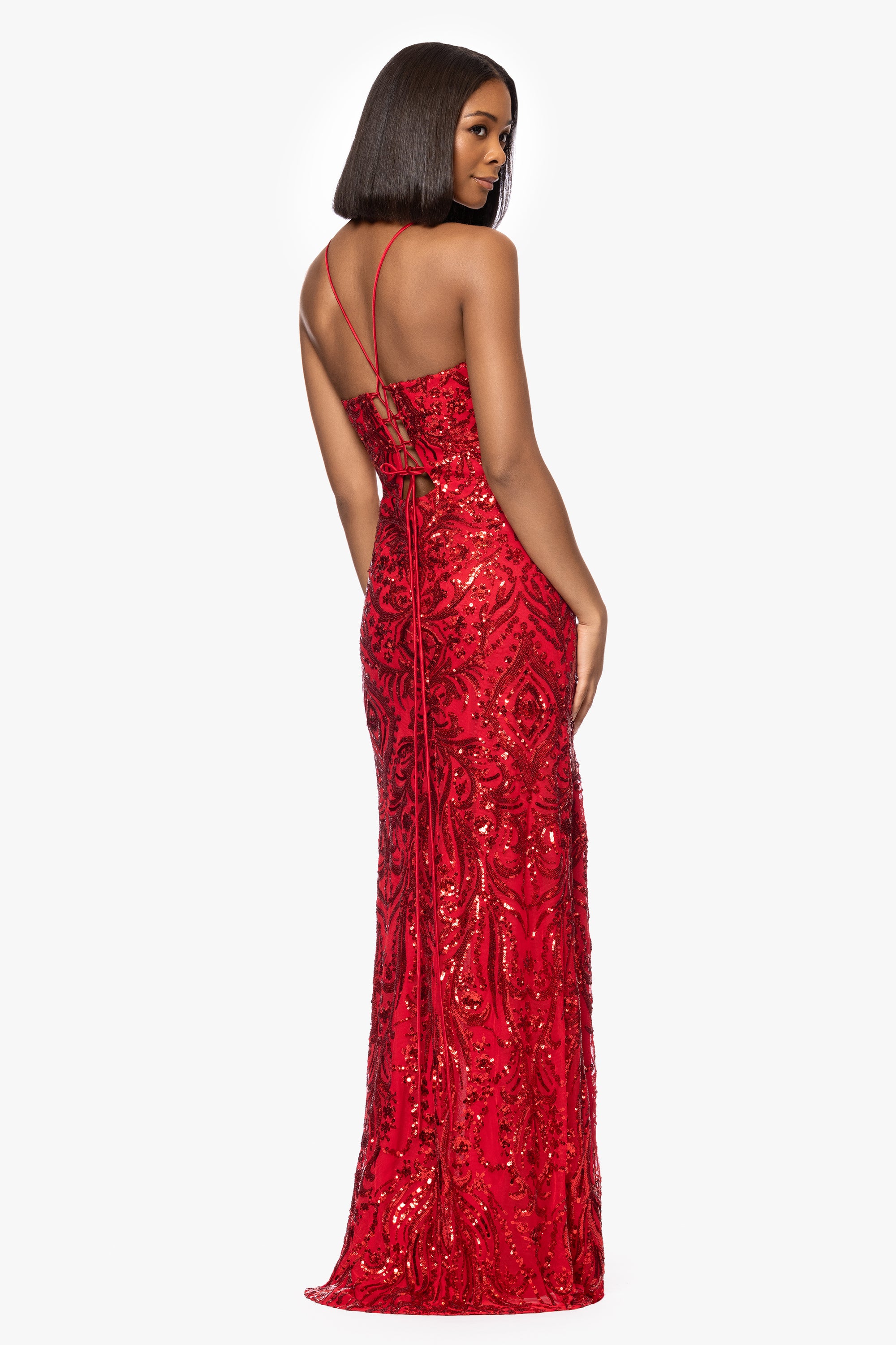 &quot;Jessa&quot; V-Neck Sequin Patter Floor Length Dress