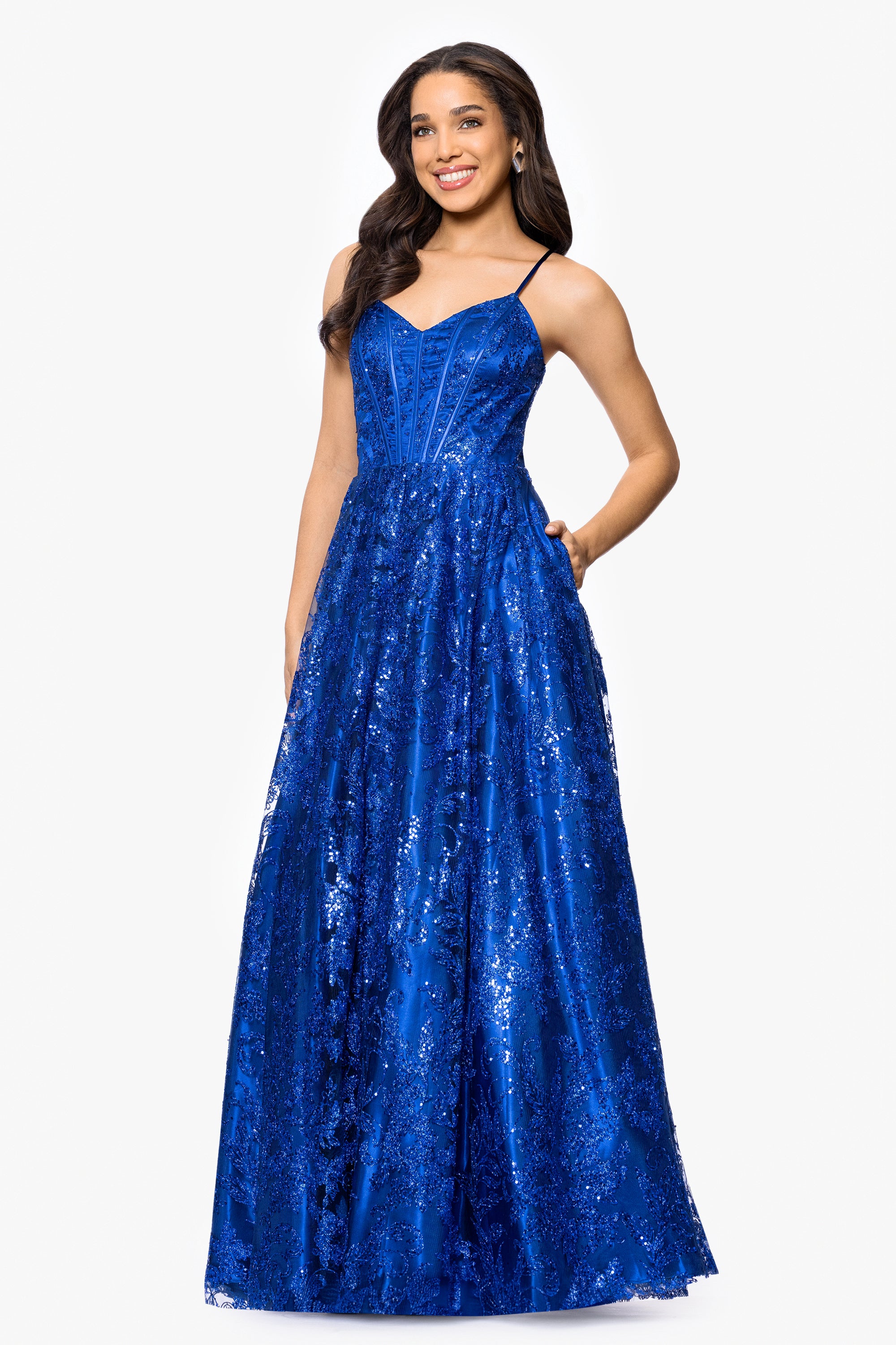 &quot;Kelly&quot; Long Glitter Sweetheart Neckline Gown