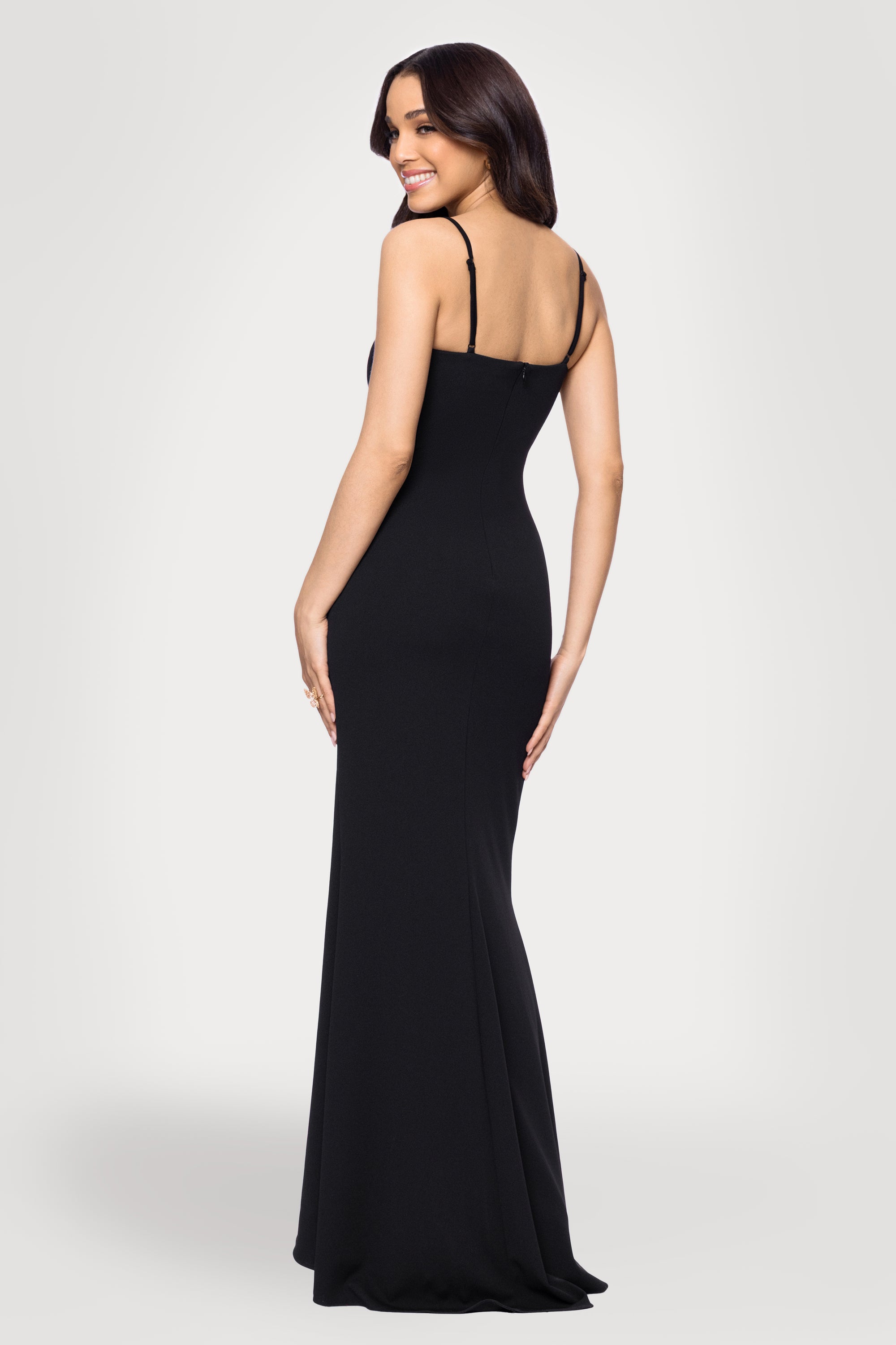 Lola" Scuba Crepe Deep V-Neck Sleeveless Floor Length Dress Blondie Nites Lola" Scuba Crepe Deep V-Neck Sleeveless Floor Length Dress Blondie Nites