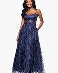 "Mona" Glitter Illusion Lace Up Floor Length Dress