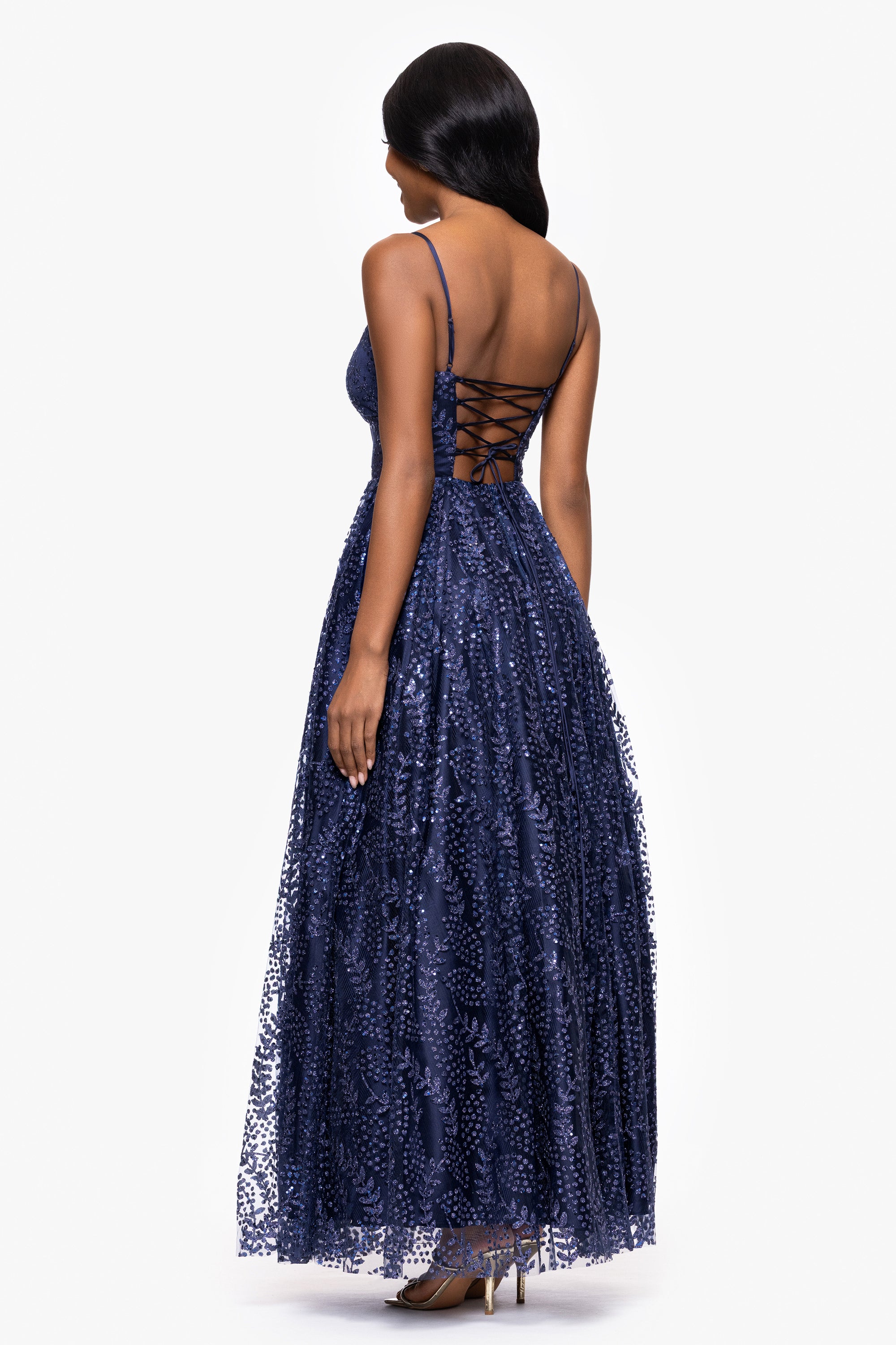 &quot;Mona&quot; Glitter Illusion Lace Up Floor Length Dress