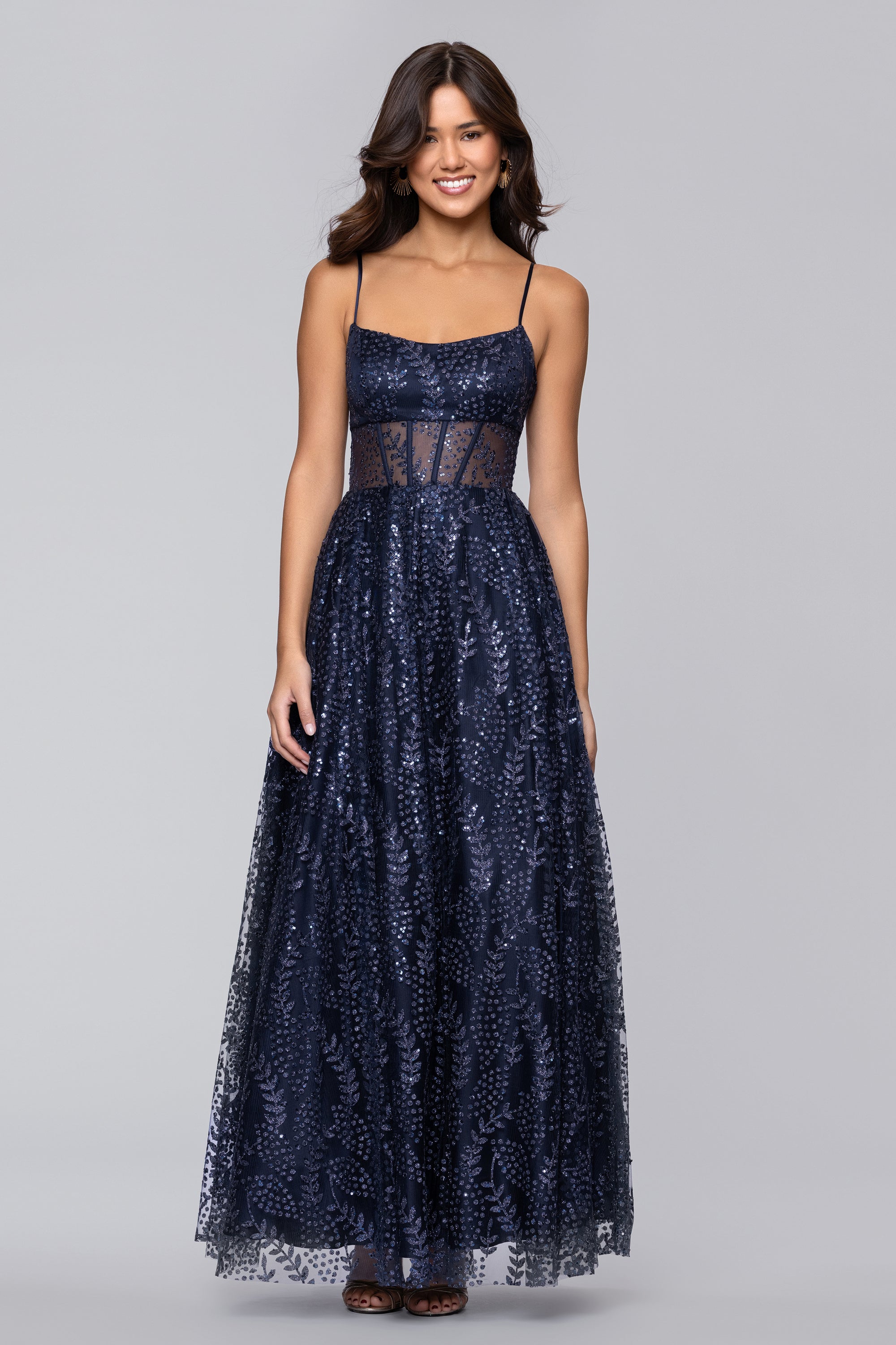 Mona Glitter Illusion Lace Up Floor Length Dress Navy / 5 Mona Glitter Illusion Lace Up Floor Length Dress Navy / 5