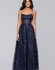"Mona" Glitter Illusion Lace Up Floor Length Dress
