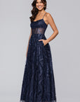 "Mona" Glitter Illusion Lace Up Floor Length Dress