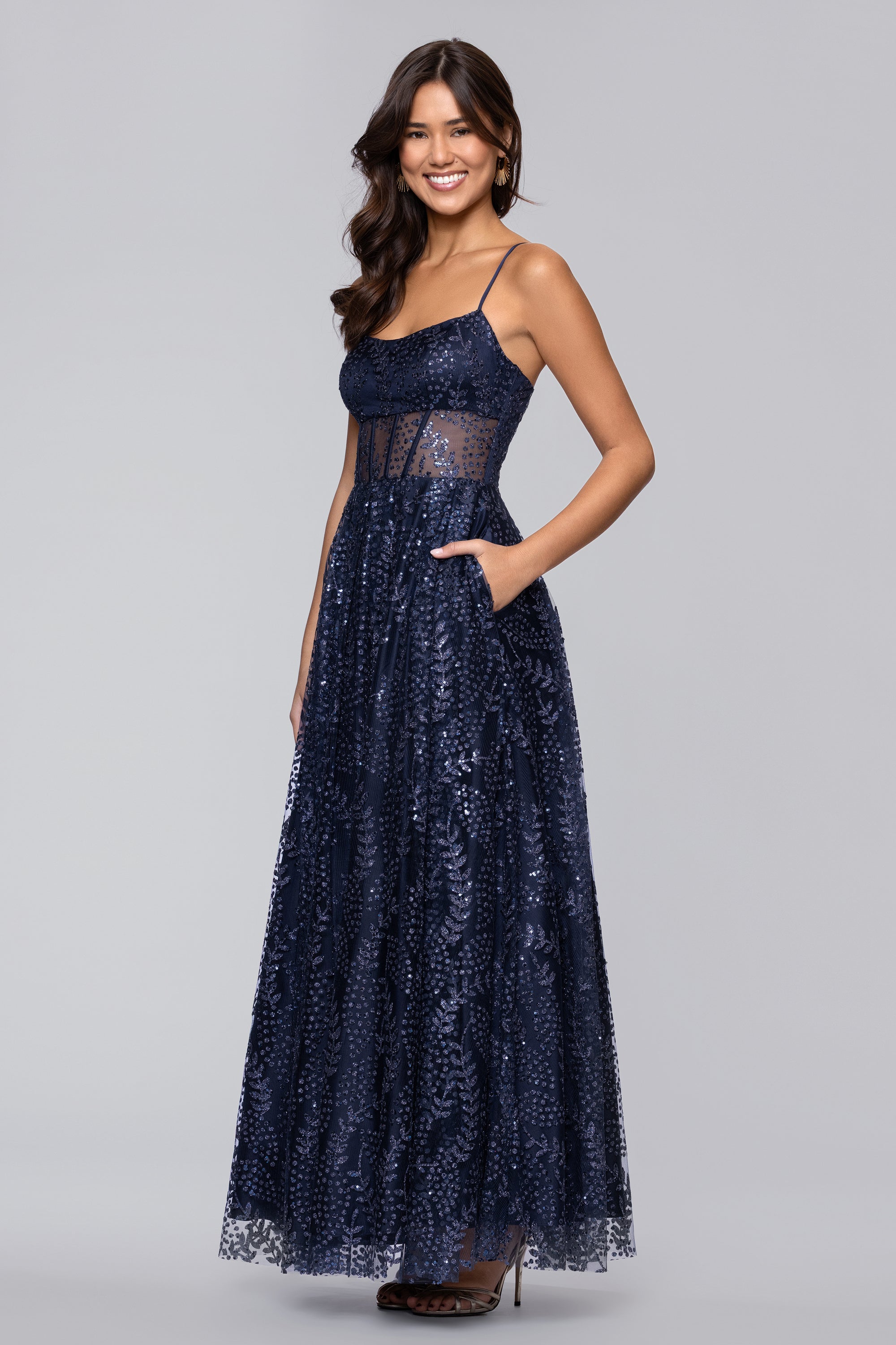 "Mona" Glitter Illusion Lace Up Floor Length Dress