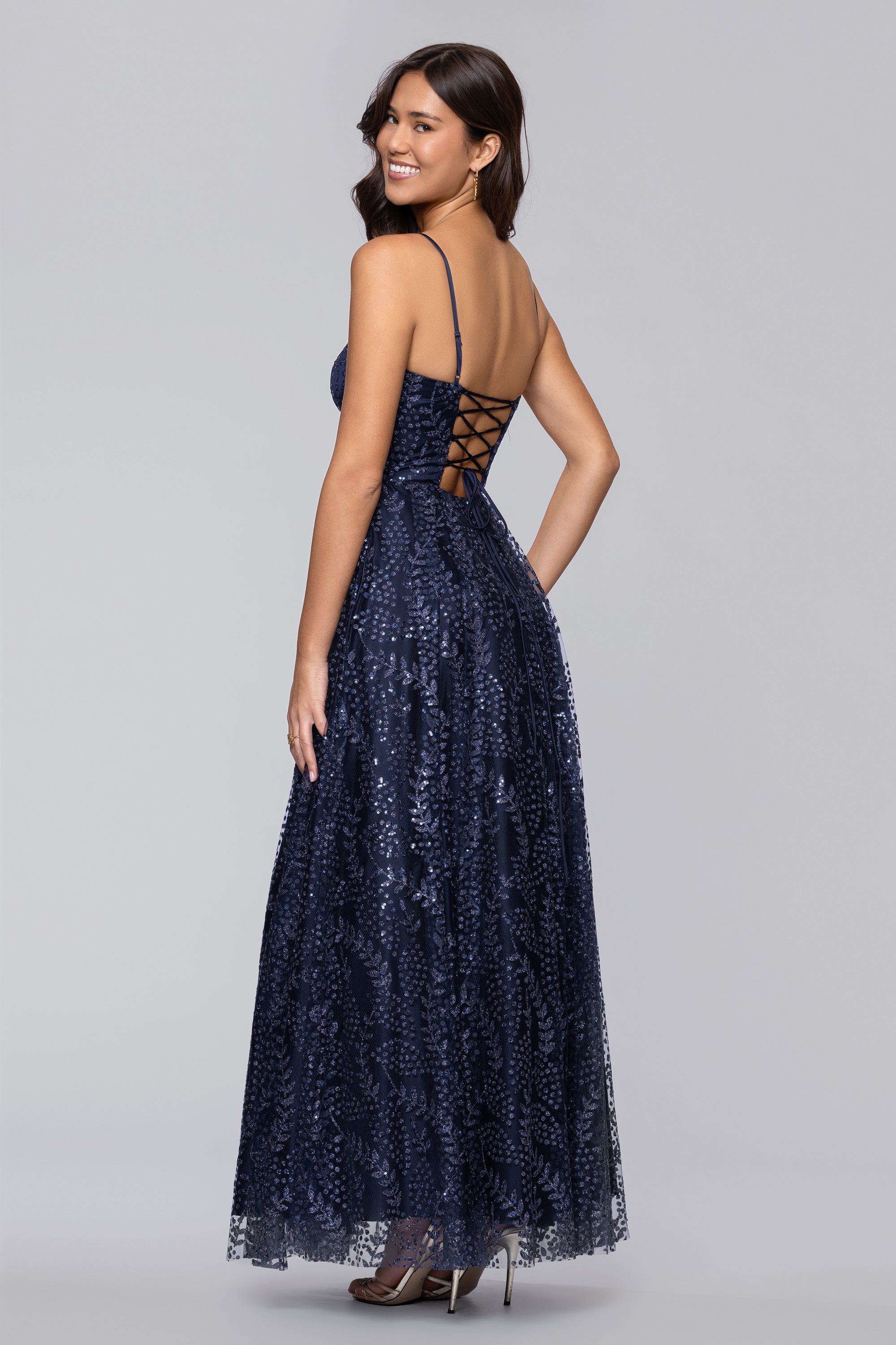 "Mona" Glitter Illusion Lace Up Floor Length Dress