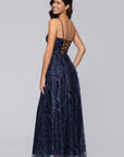 "Mona" Glitter Illusion Lace Up Floor Length Dress
